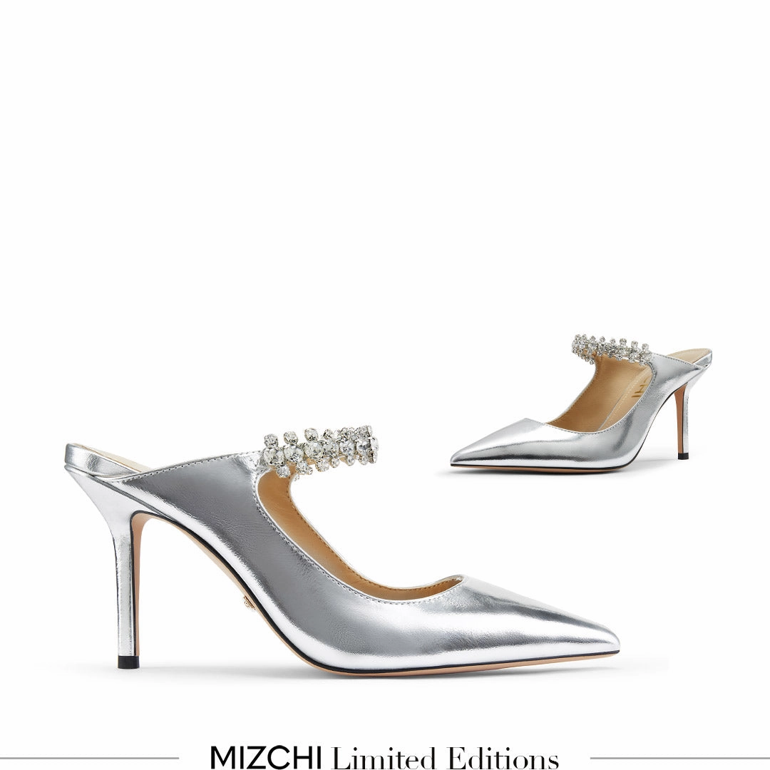 *LAMIO- silver leather mules Rhinestone High Heel Shoes