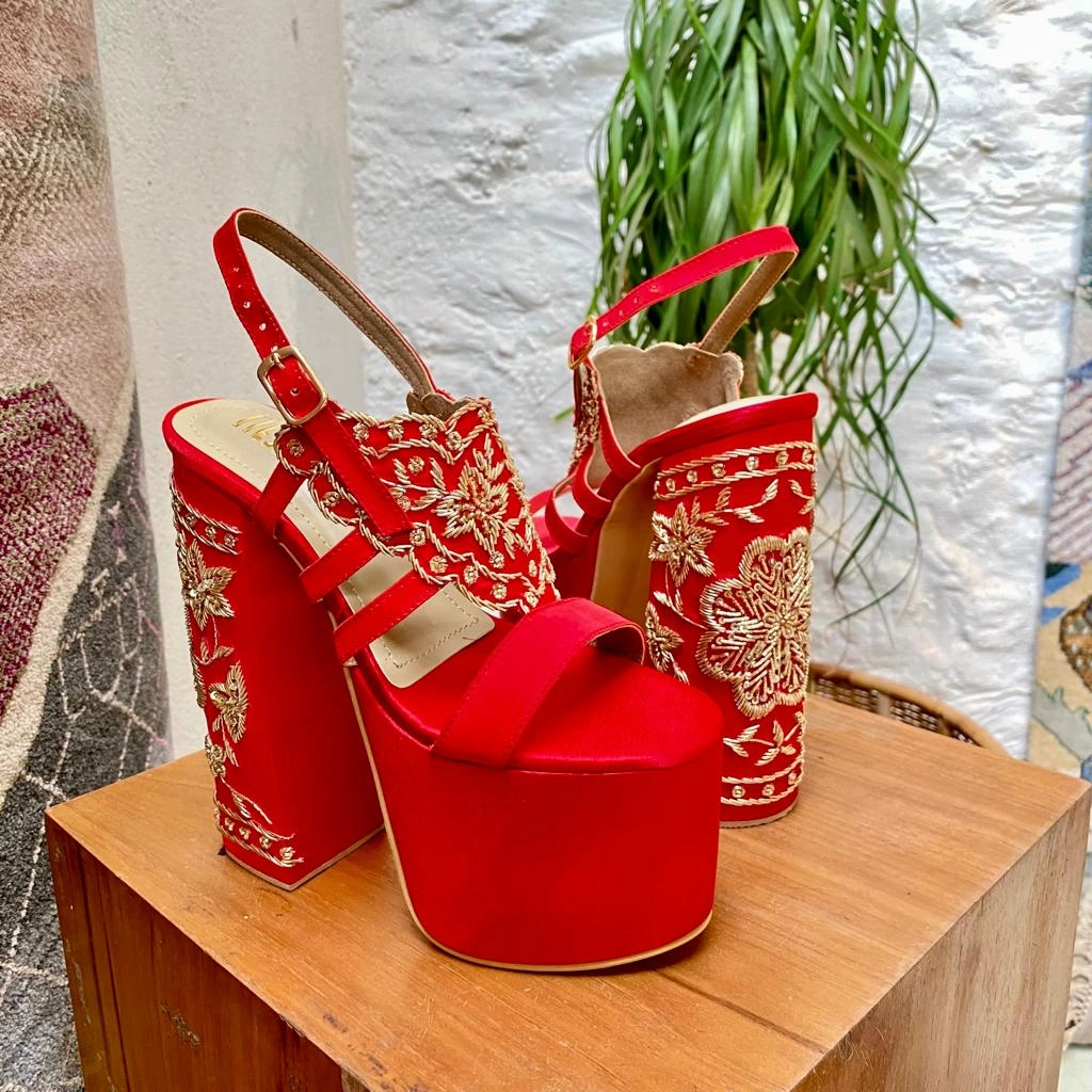 Casual High Heels Pink Embroidered Customized Bridal Block Heels