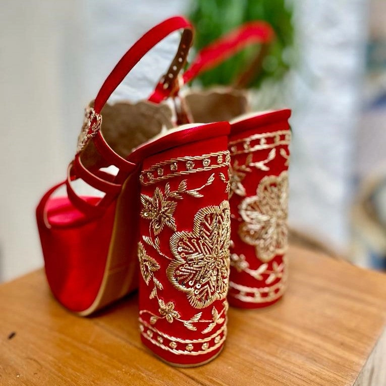 Pink Embroidered Customized Bridal Block Heels High Heels Front View