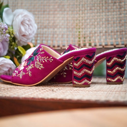 Wedge Sandals High Heels Adina (Pink, Magenta hand embroidered blocks heels)