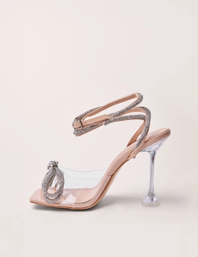 Glimmer Nude Wrap Around Diamante Bow Square Toe Heels High Heel Shoes Platform