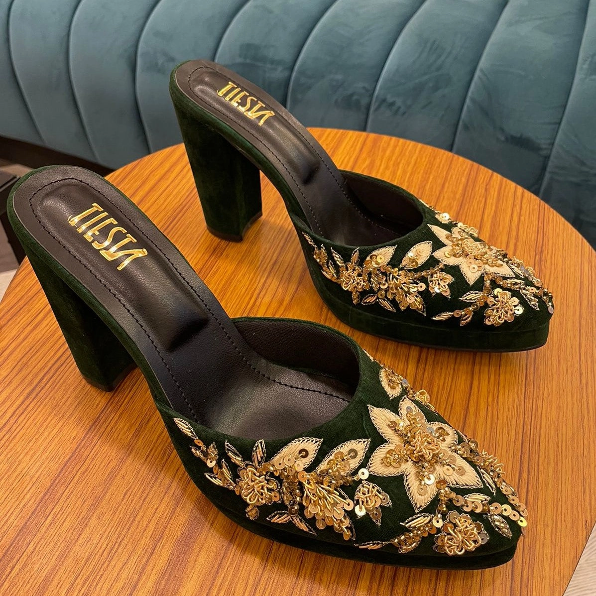 Sabah Green Velvet Customised Bridal Heels for Weddings Wide Fit Platform High Heels