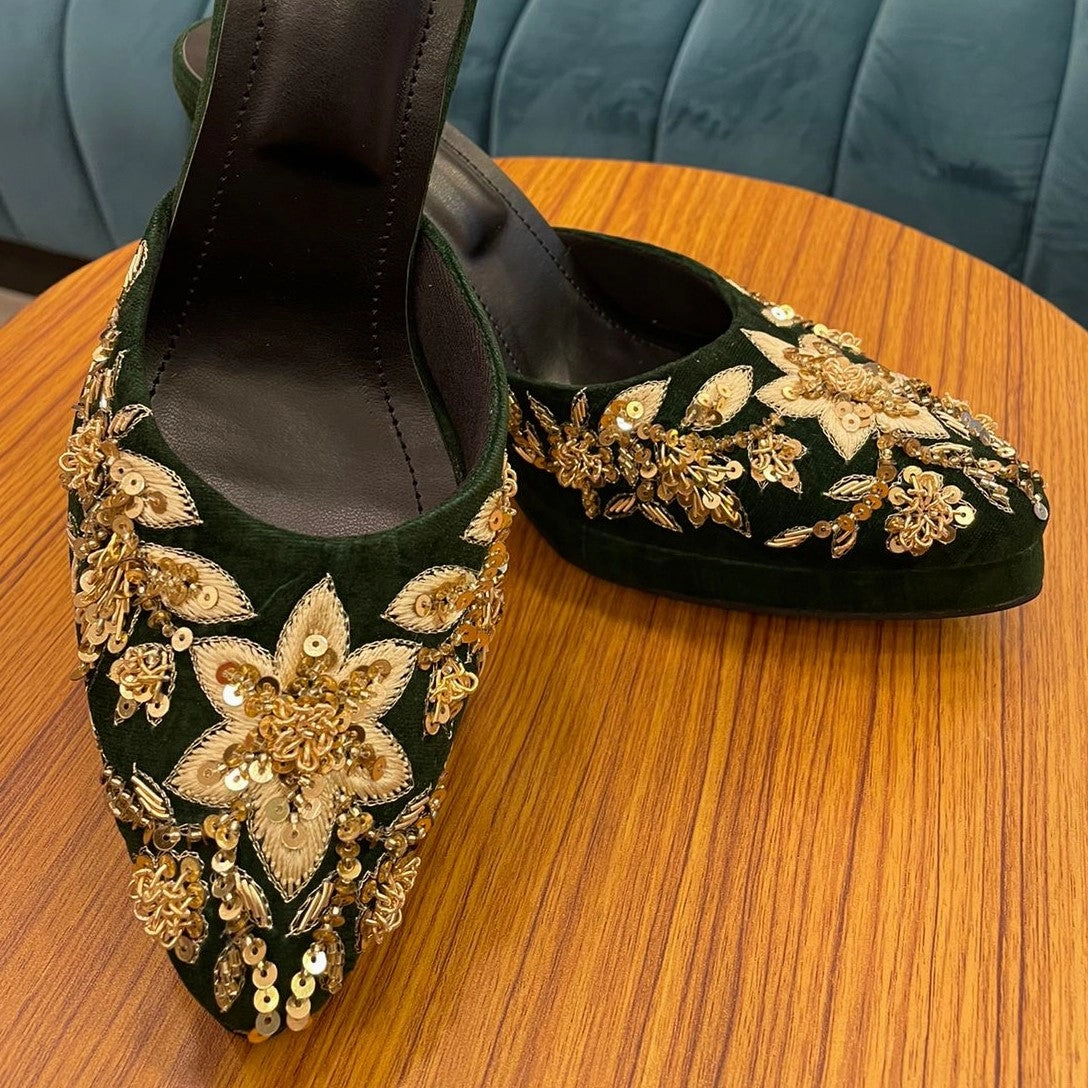 Sabah Green Velvet Customised Bridal Heels for Weddings High Heels Balenciaga