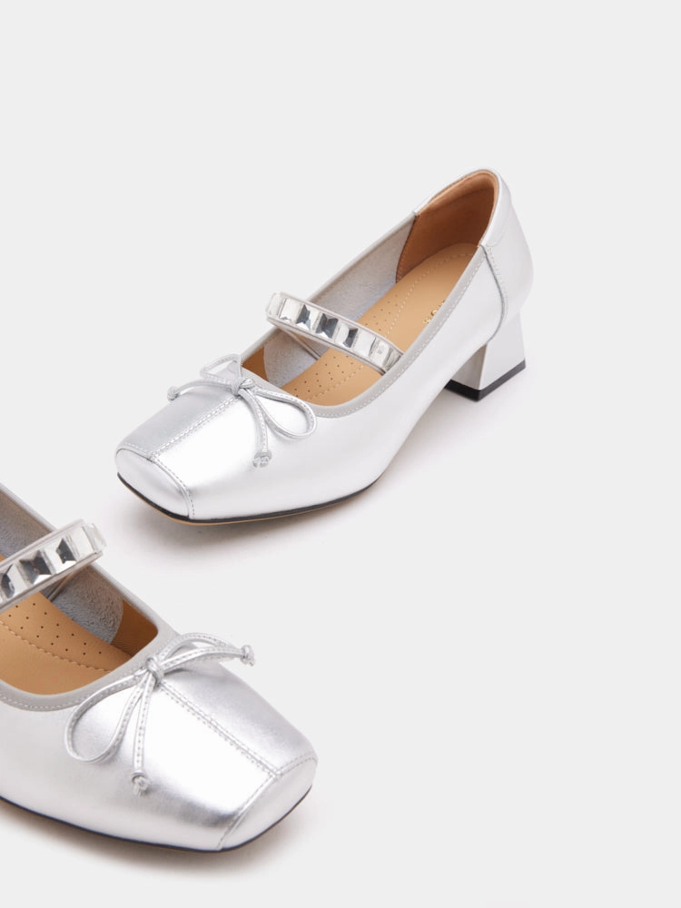 High Heel Construction Boots Billie Crystal-Embellished Bow Mary Jane Heels