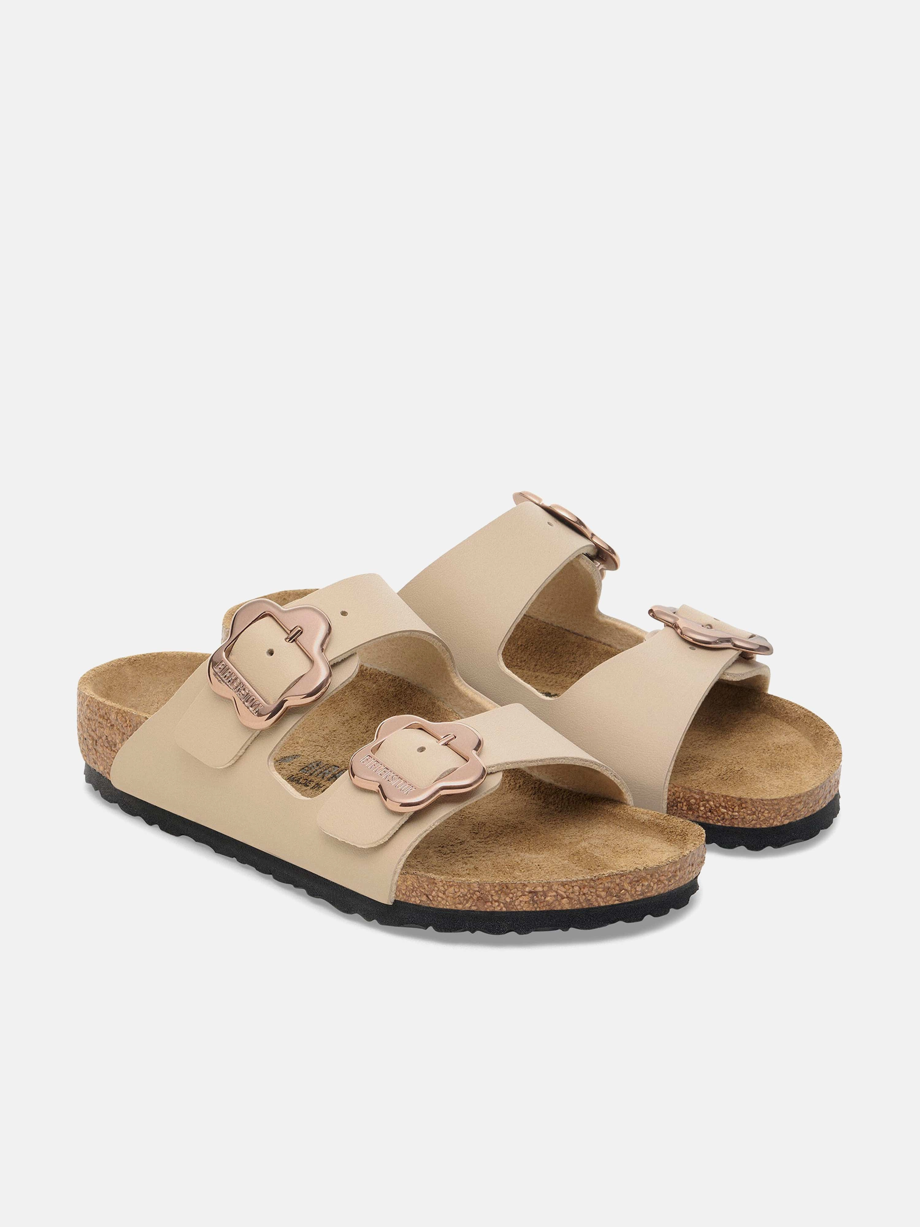 BIRKENSTOCK Girls Arizona Flower Buckle Sandals in Beige Wedding Shoes Sandals
