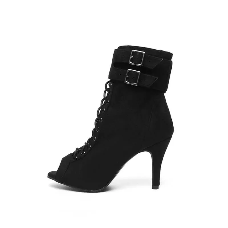 High Heel Shoes Black Lace Up With Buckled Peep Toe Dance Shoes