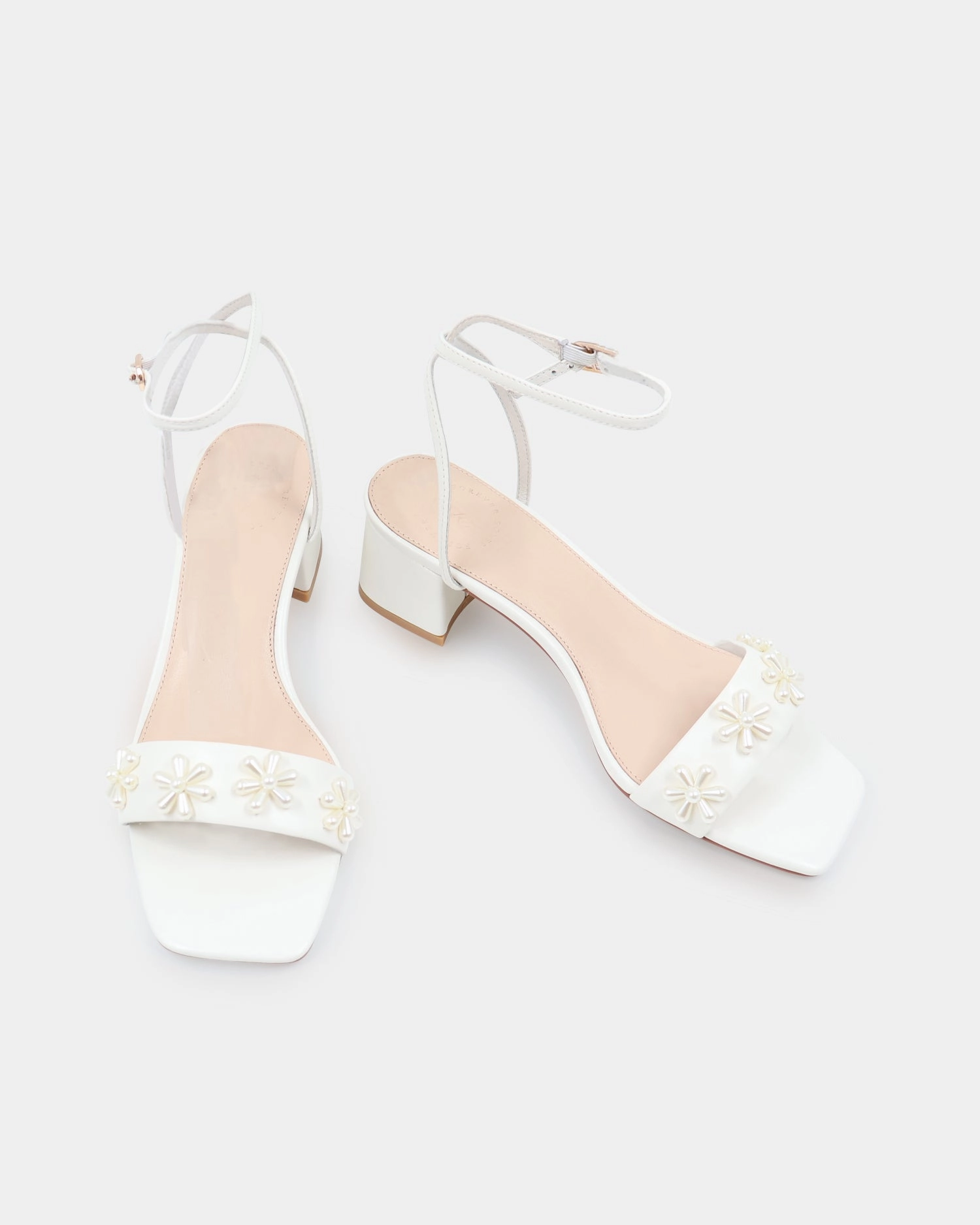 Sexy Legs In High Heels BLOOM SANDALS - PEARL FLOWER IVORY BRIDAL SHOES SQUARE TOES
