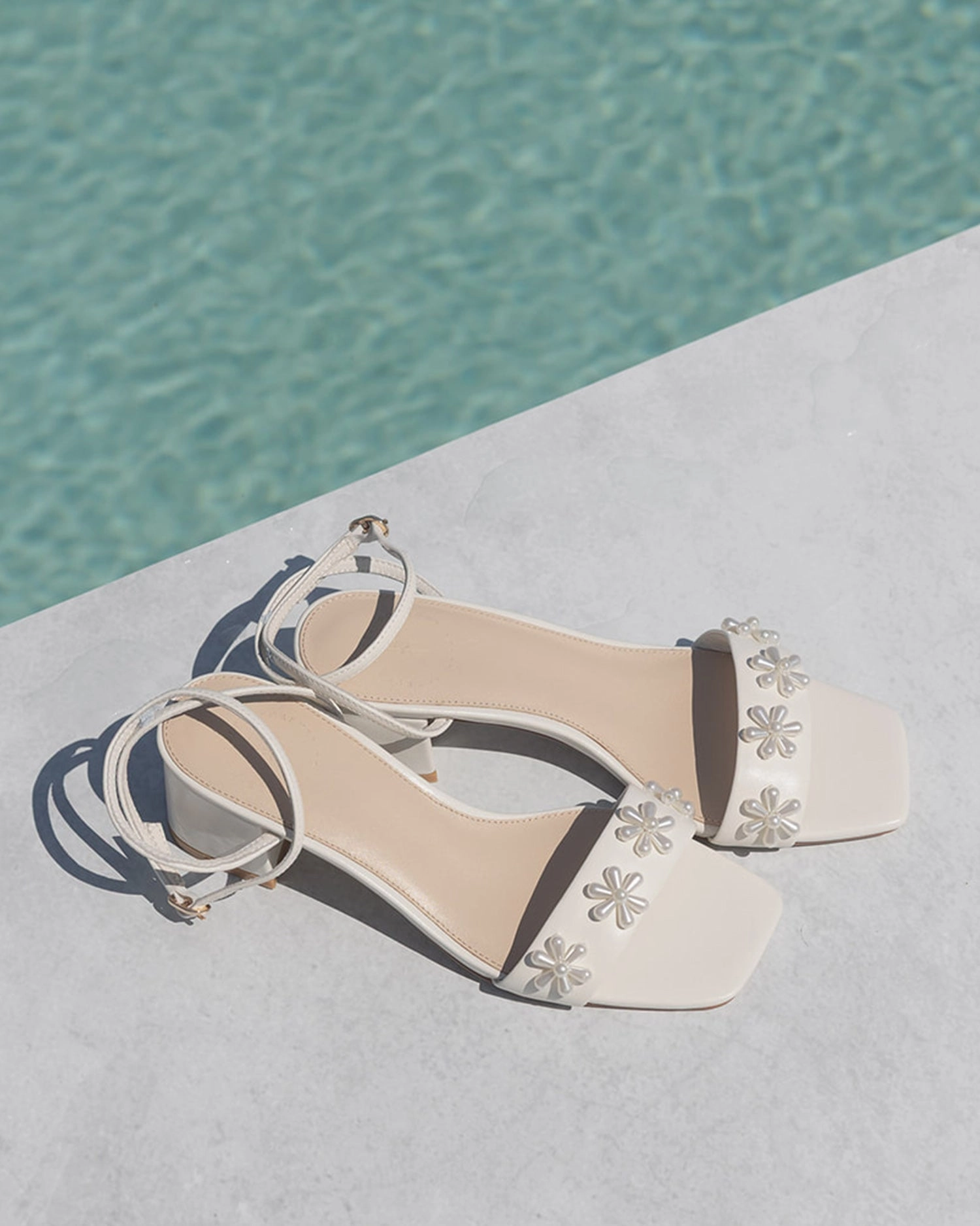 The Parts Of A High Heel Shoe BLOOM SANDALS - PEARL FLOWER IVORY BRIDAL SHOES SQUARE TOES