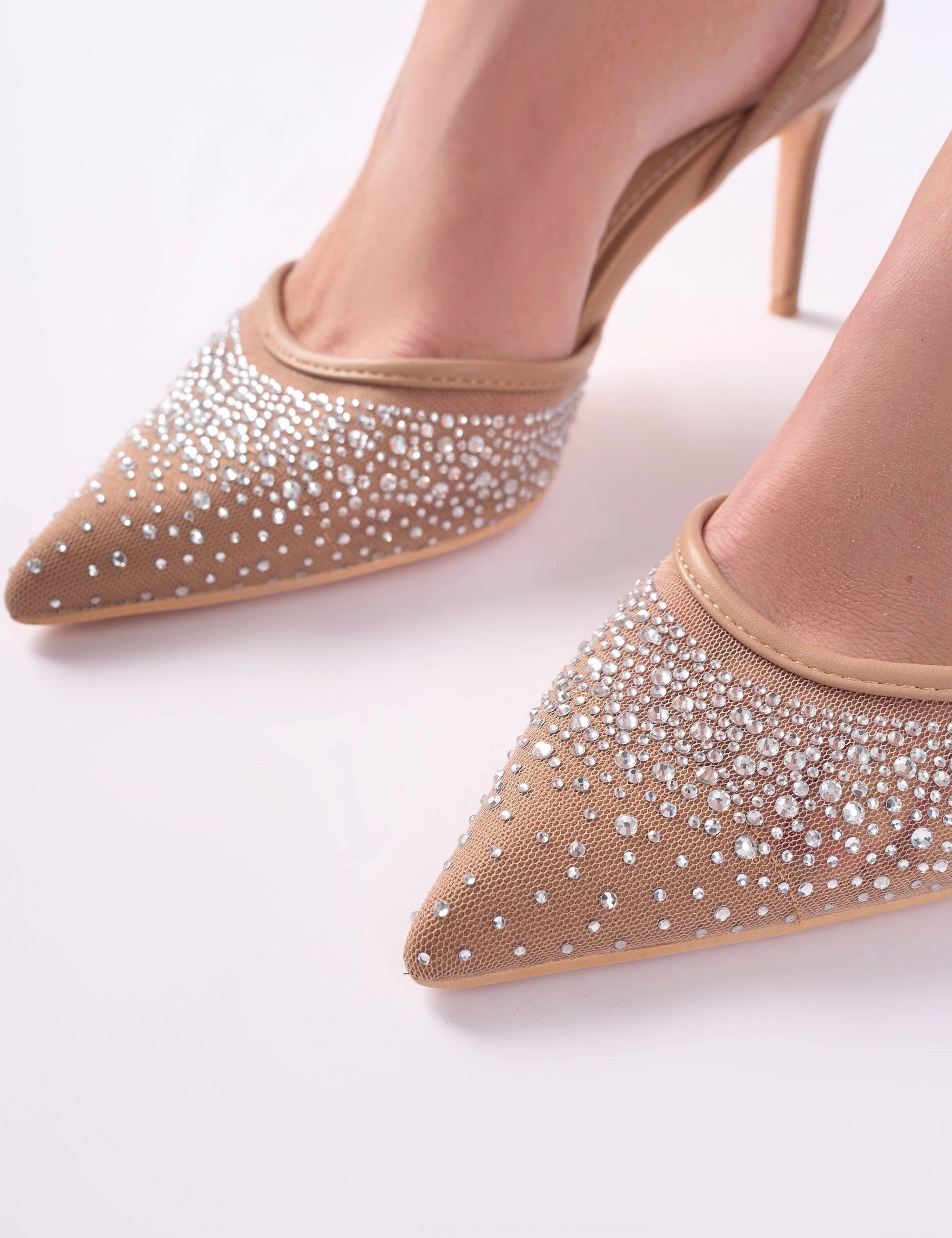 Wild Pair High Heels Rochie Nude Mesh Embellished Sling Back Court Heels