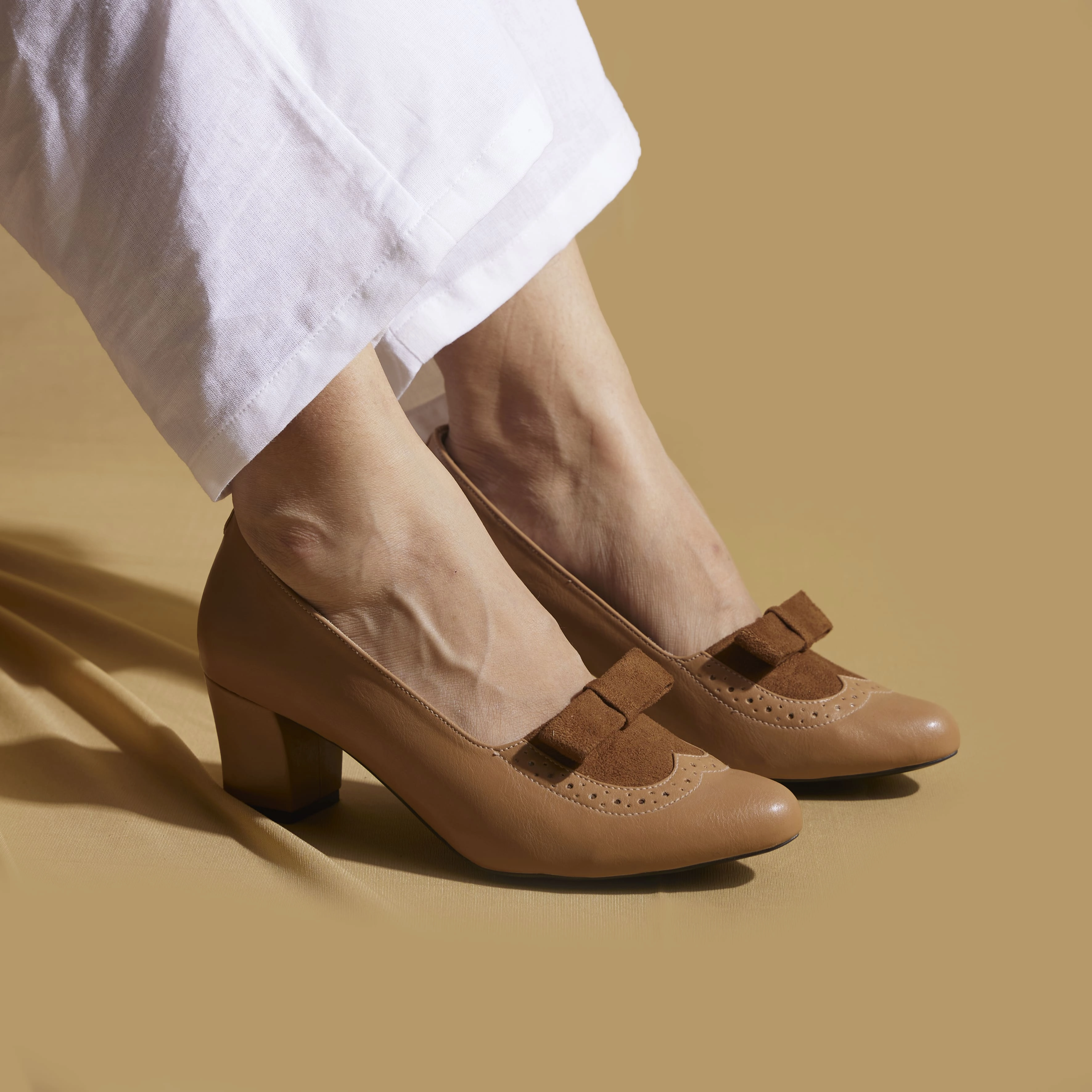 Tan Pointed Toe Block Heels  2 to 2.5 Inch Classy Bow Detail | Customisable High Heel Shoe Protectors