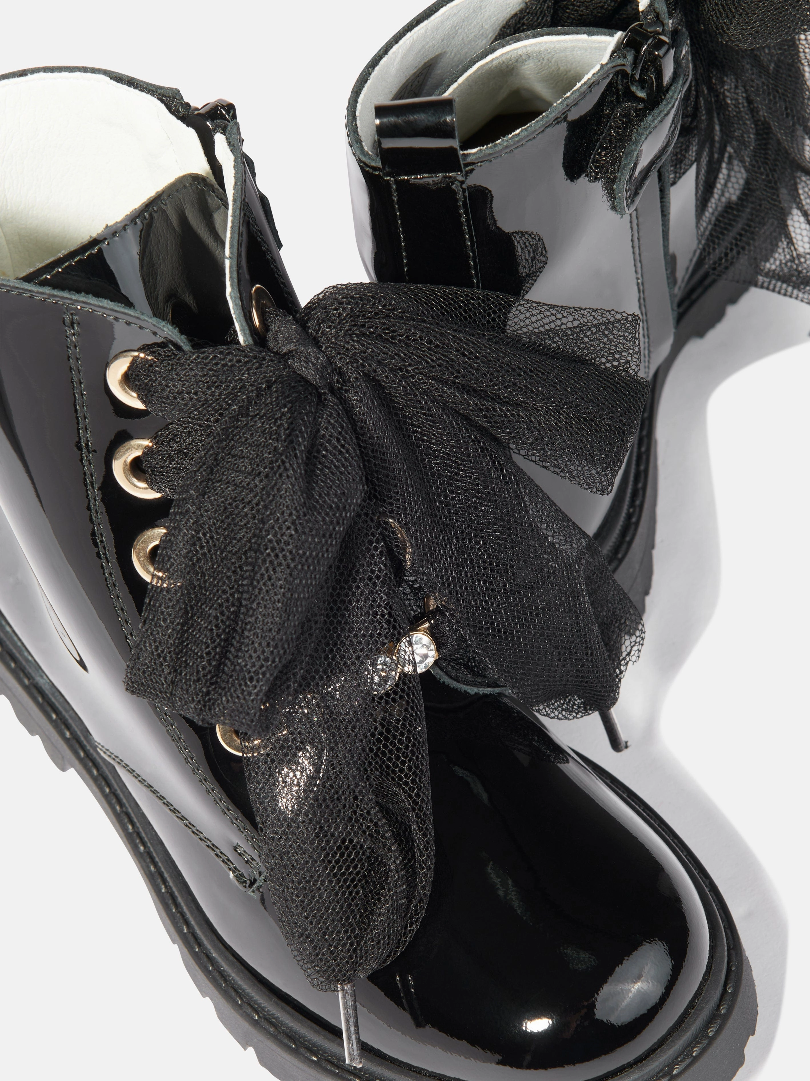 Andanines Girls Leather Lace Up Boots in Black Fur Boots Heels