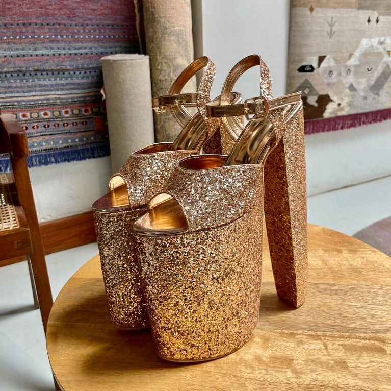 Deli Gold Shimmer Customised Bridal Block Heels for Weddings High Heels With Locks