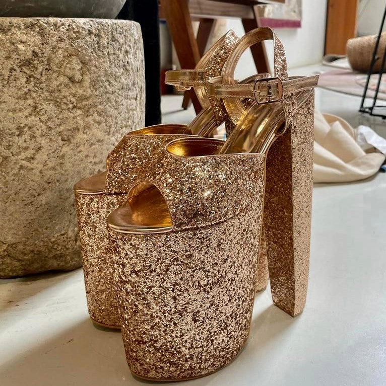 Deli Gold Shimmer Customised Bridal Block Heels for Weddings High Heel Shoe Repair