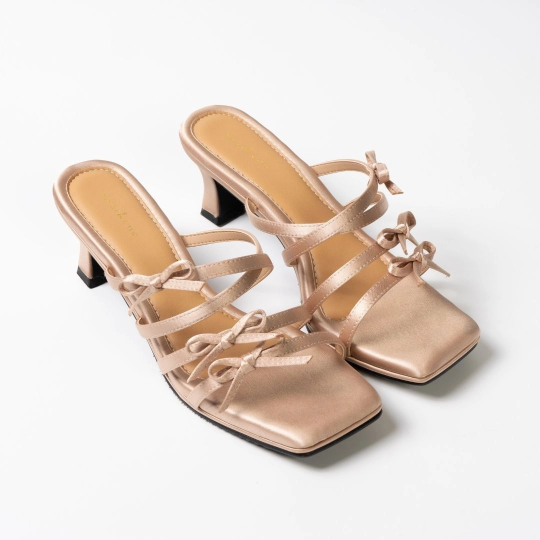 Demure in Blush Ribbon Heels Thick In High Heels