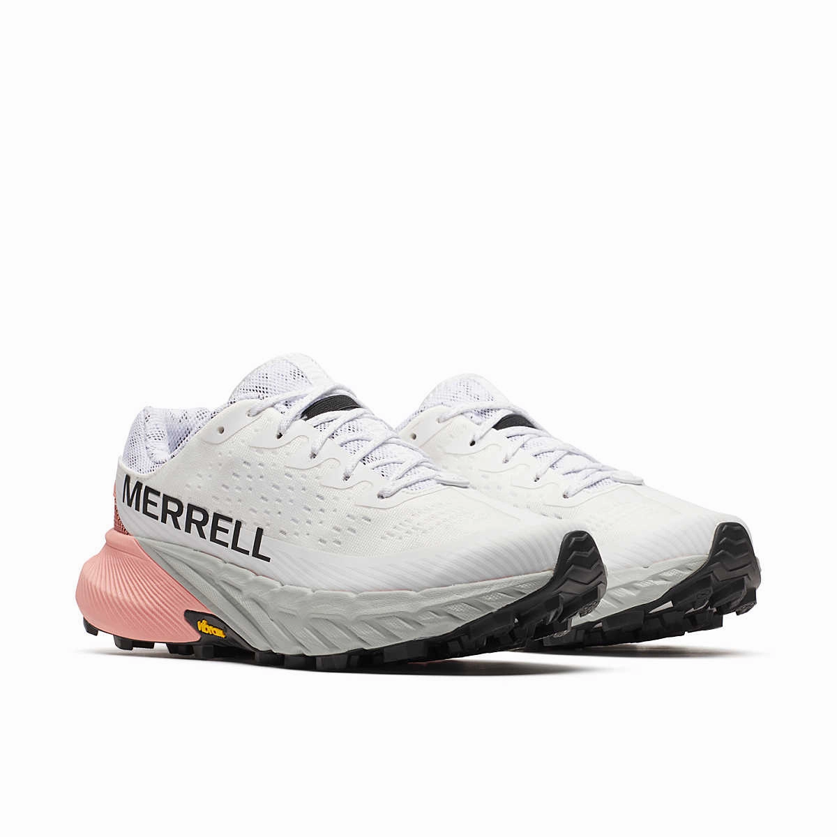 Hype Hiking Shoes Merrell Women's Agility Peak 5 Trail Running Shoes White/Soft Coral