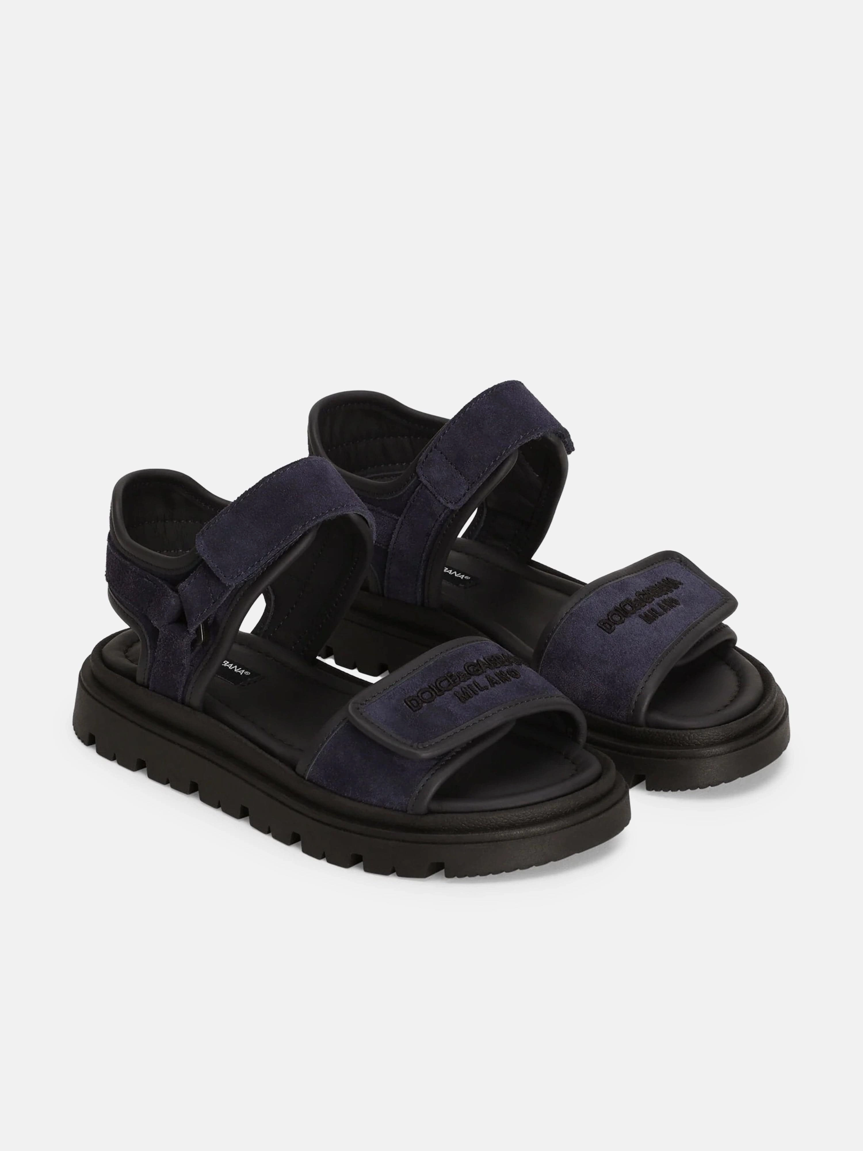 Dolce & Gabbana Boys Leather Velcro Strap Sandals in Navy Woody Sandals