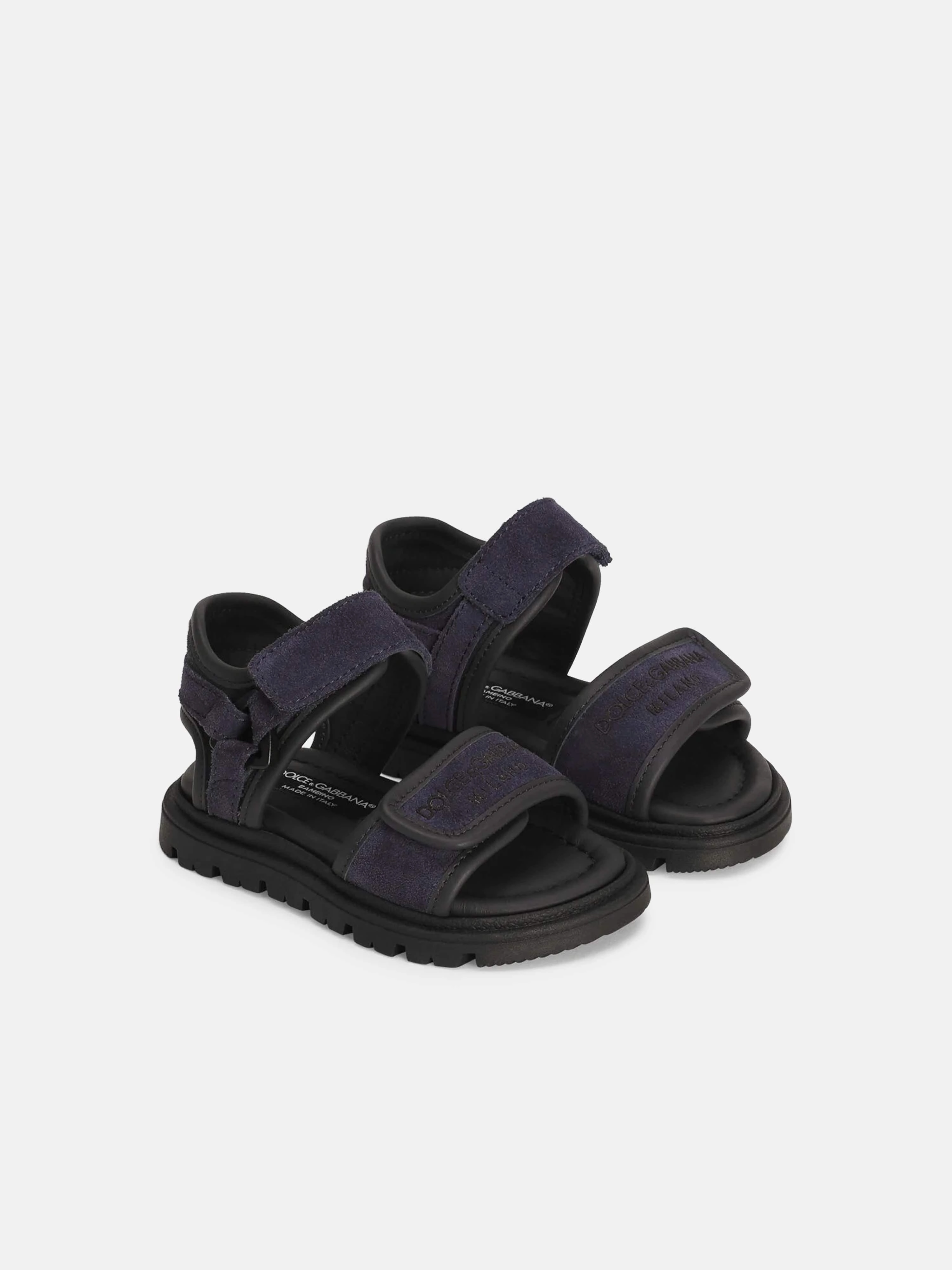 Dolce & Gabbana Boys Leather Velcro Strap Sandals in Navy Sandals With Enclosed Toes