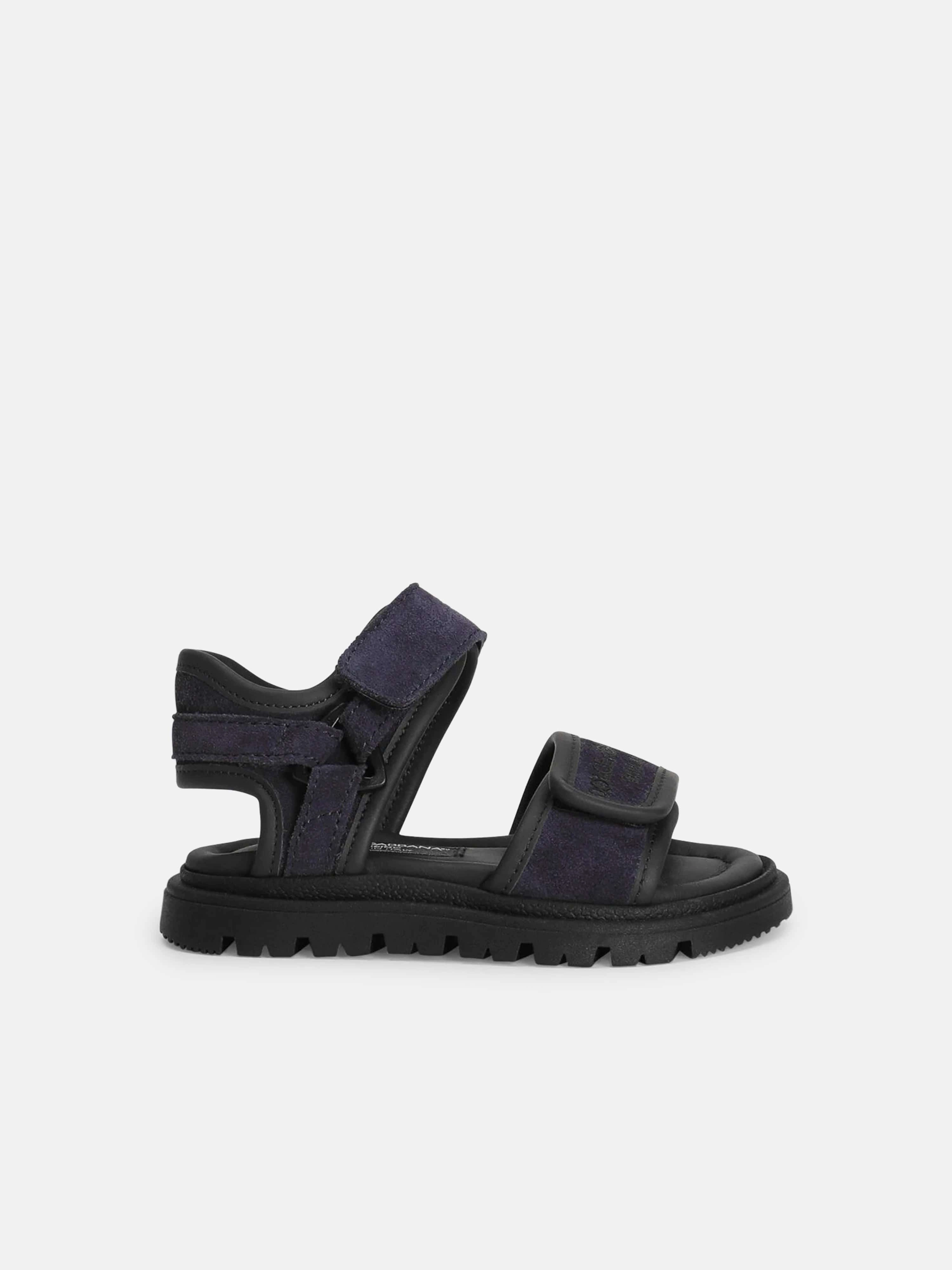 Dolce & Gabbana Boys Leather Velcro Strap Sandals in Navy Raffia Slide Sandals