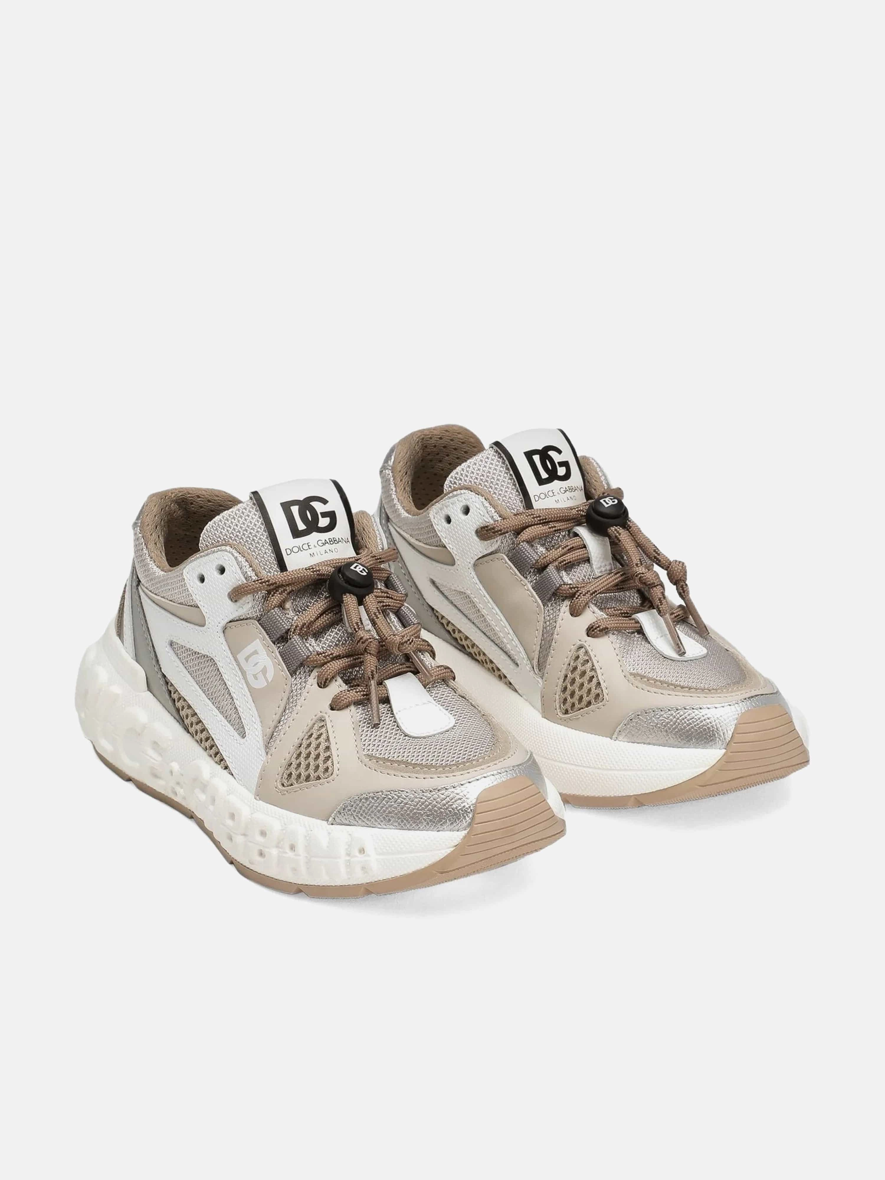 Dolce & Gabbana Boys Logo Lace Up Trainers in Beige Denim And Sneakers