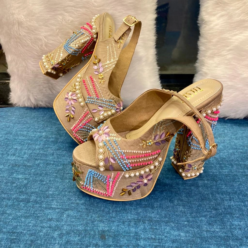 Noor Beautiful Multicolored Hand Embroidered Bridal Block Heels Low Heel Thigh High Boots