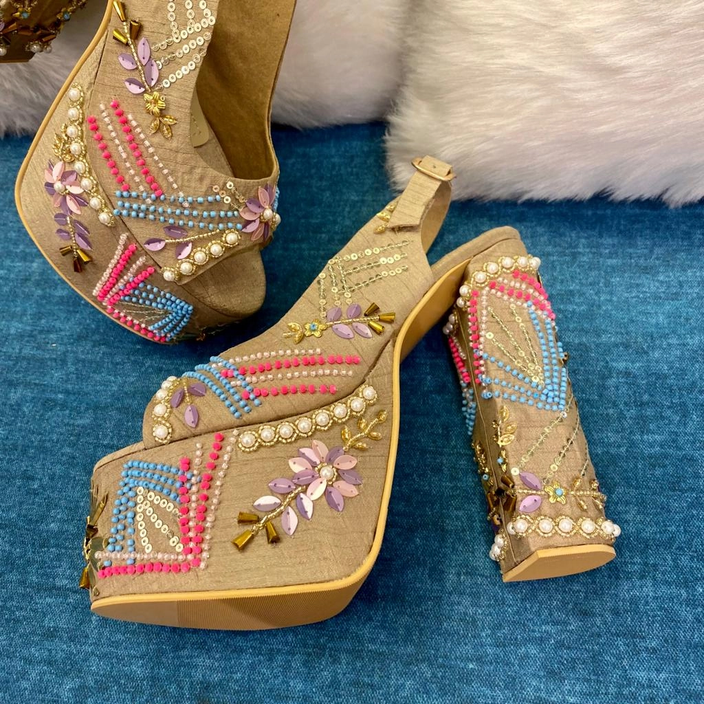 Lyrics Sneakers Noor Beautiful Multicolored Hand Embroidered Bridal Block Heels