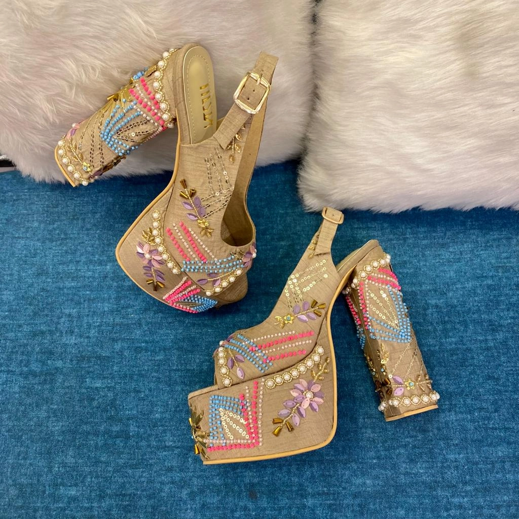 Unique Wedding High Heels Noor Beautiful Multicolored Hand Embroidered Bridal Block Heels
