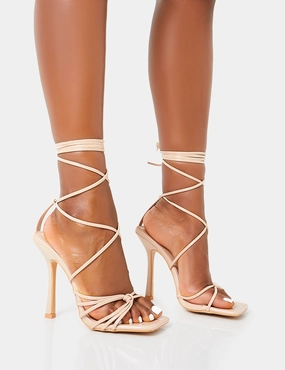 Solange Nude Patent Lace Up Strappy Square Toe High Heels Flat High Heels