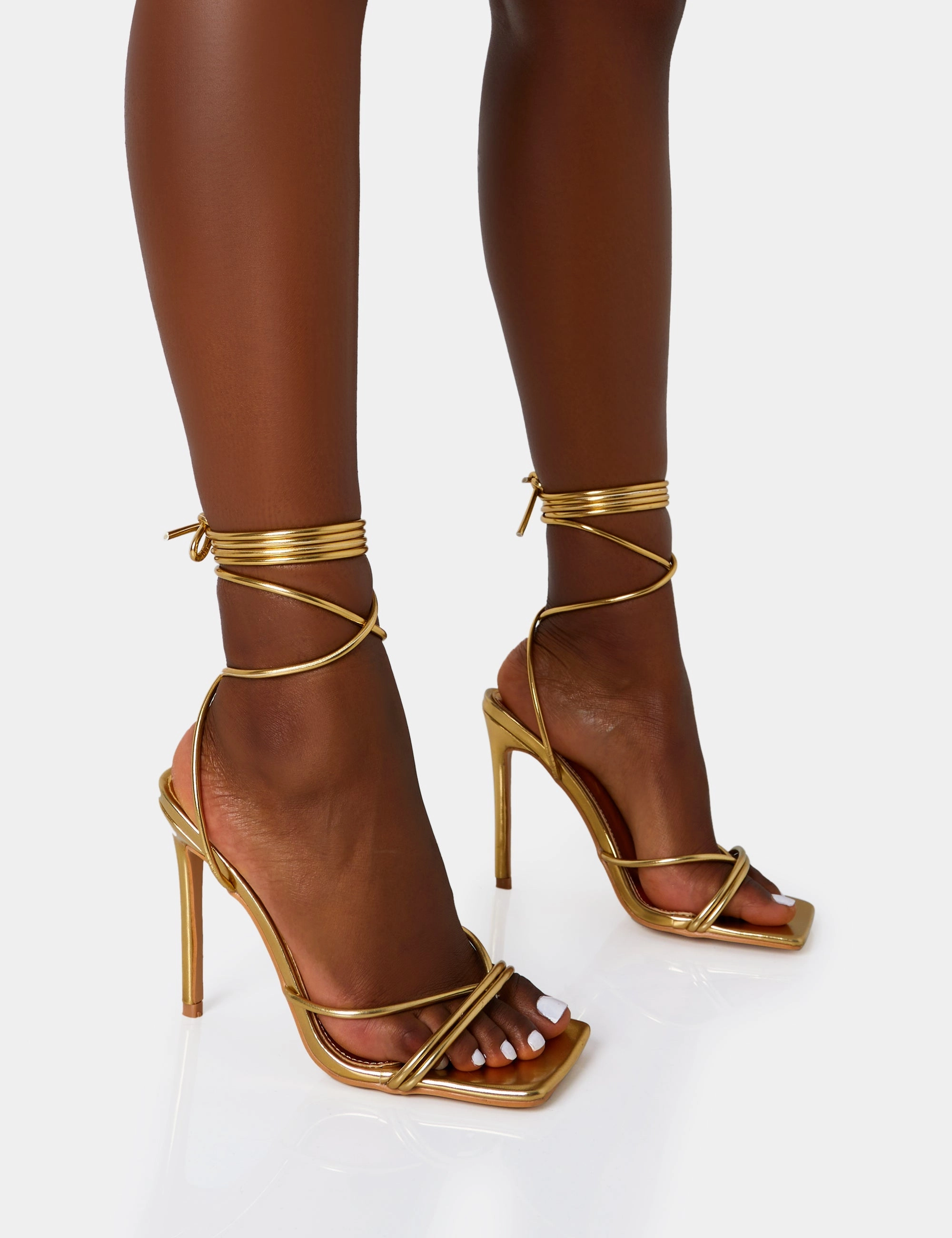 Dax Wide Fit Gold Pu Barely There Lace Up Square Toe Stiletto Heels High Heel Wedge Sneakers