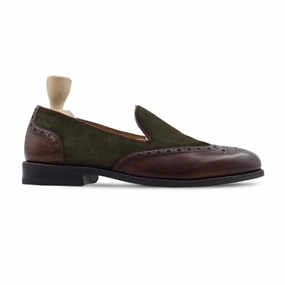 Kazan - Men's Brown Calf Leather and Olive Green Kid Suede Loafer Light On His Loafers
