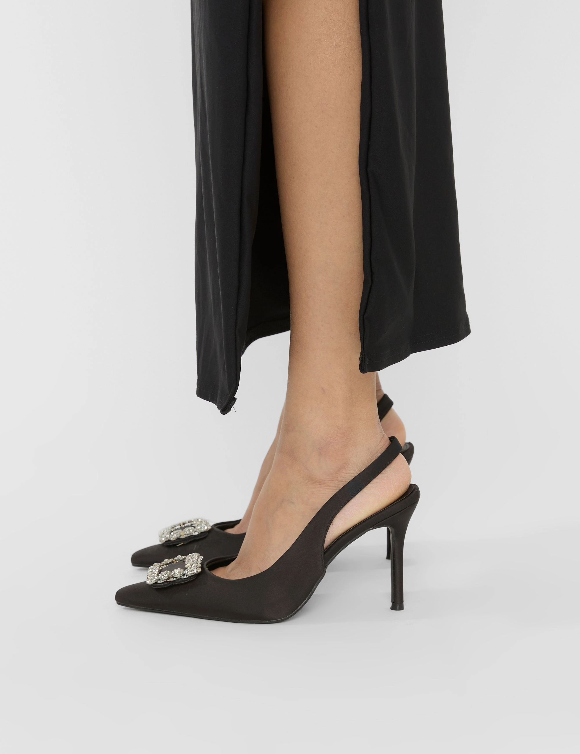 High Heeled Leather Boots Flint Black Satin Brooch Slingback High Heels