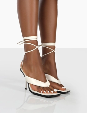 Fur Boots Grand White Toe Thong Front Square Toe Lace Up Stiletto Heels