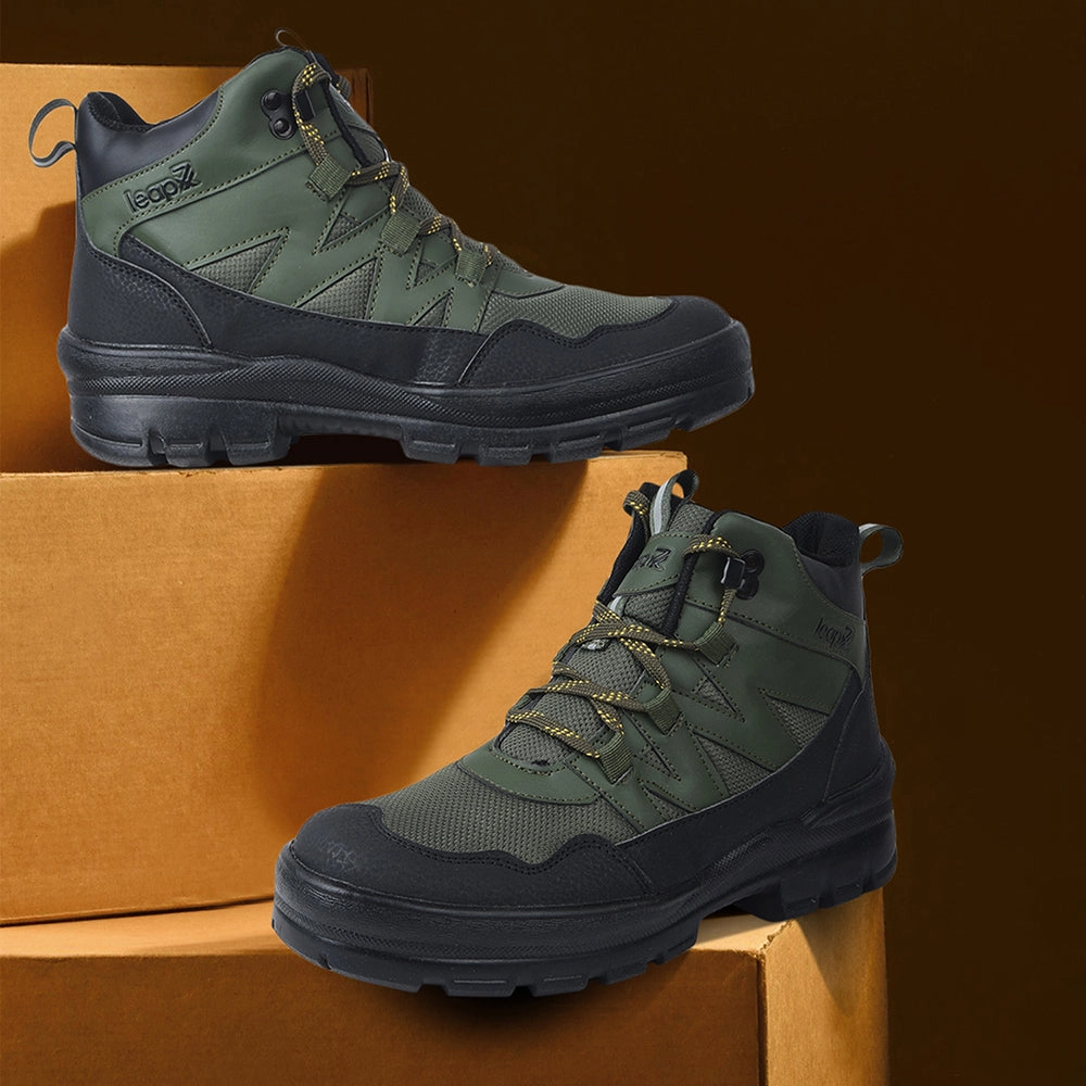 Leap7x Olive Green Sports Lace-Up Trekking Shoes For Men DRAWNER-1E By Liberty Hiking Shoes For Snow And Ice