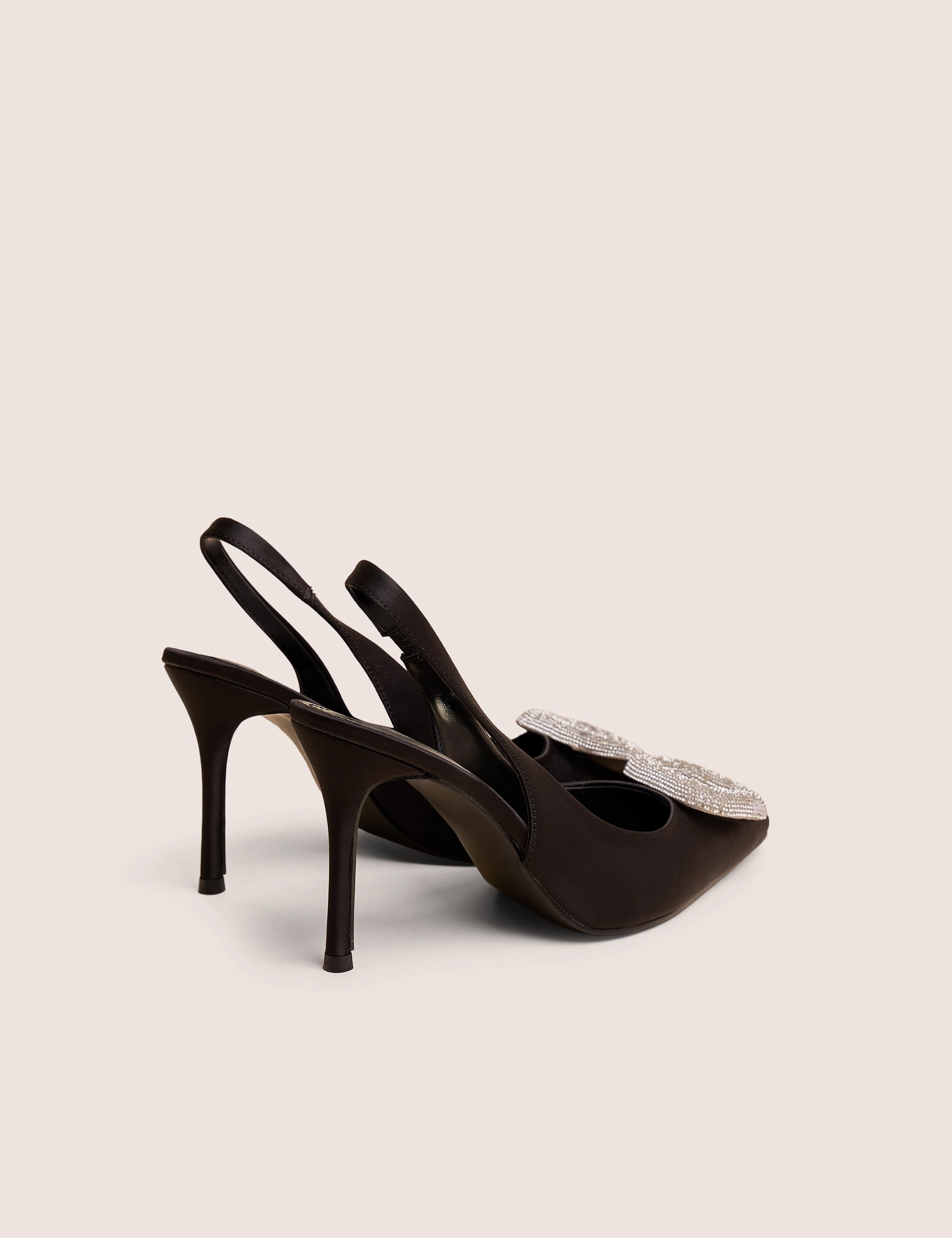 Low Heel Wide Calf Knee High Boots Floss Black Satin Diamante Embellished Sling Back Court Heels