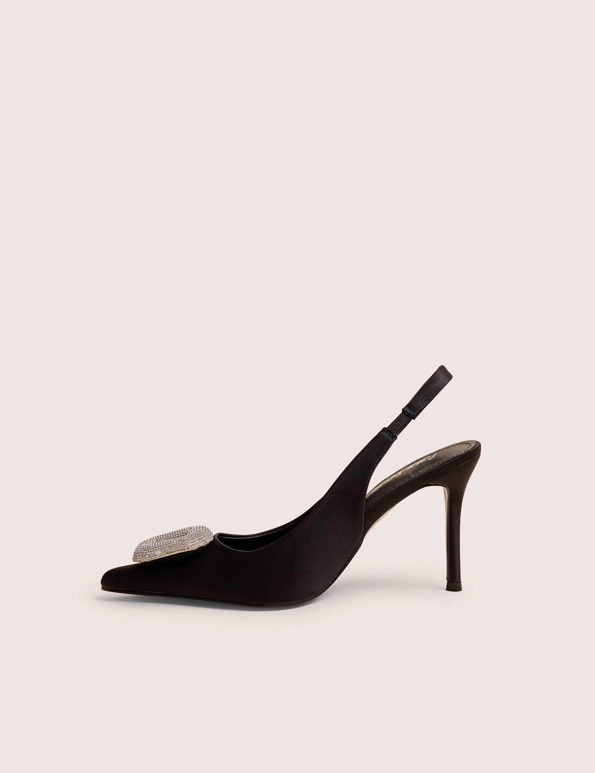Floss Black Satin Diamante Embellished Sling Back Court Heels High Heels Walking On Concrete Sound Effect