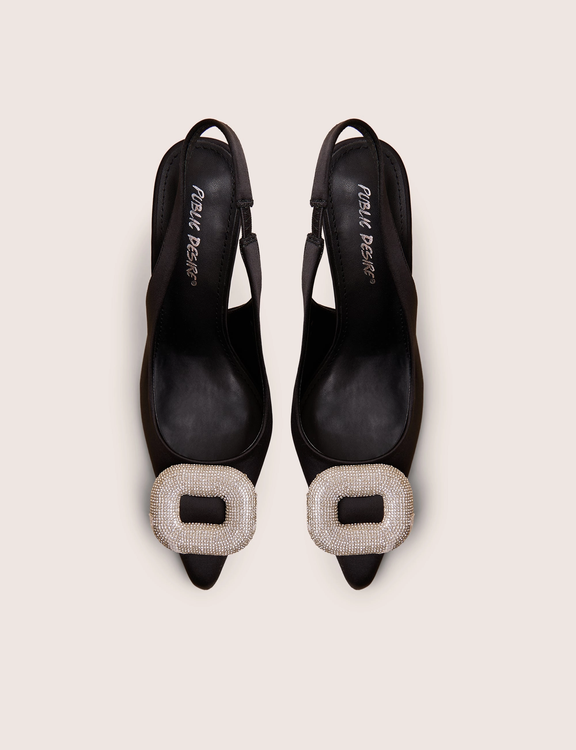 Floss Black Satin Diamante Embellished Sling Back Court Heels Strappy Gladiator High Heels