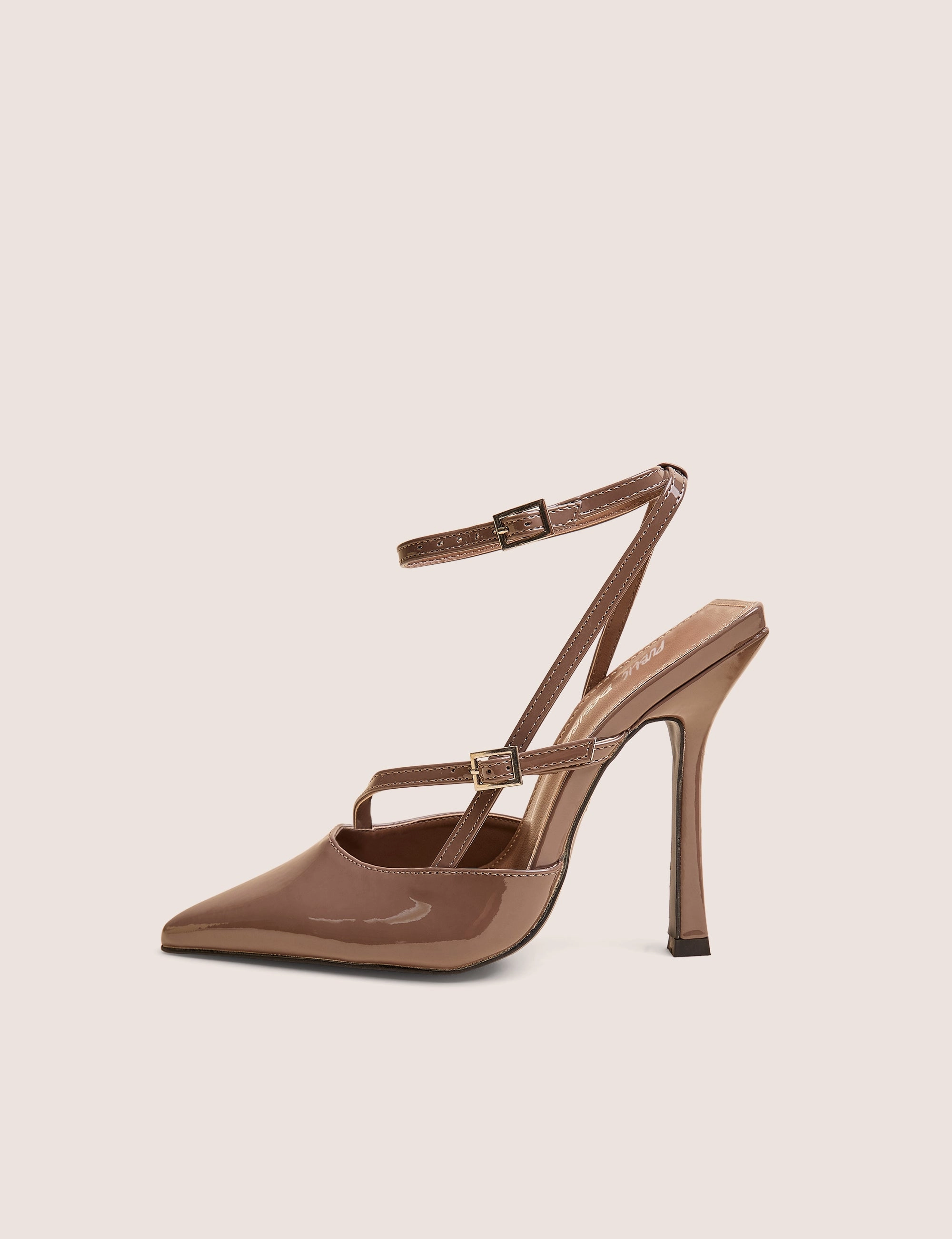 Thigh High Stiletto Heels Idol Taupe Patent Buckle Strappy Detail Stiletto Court High Heels