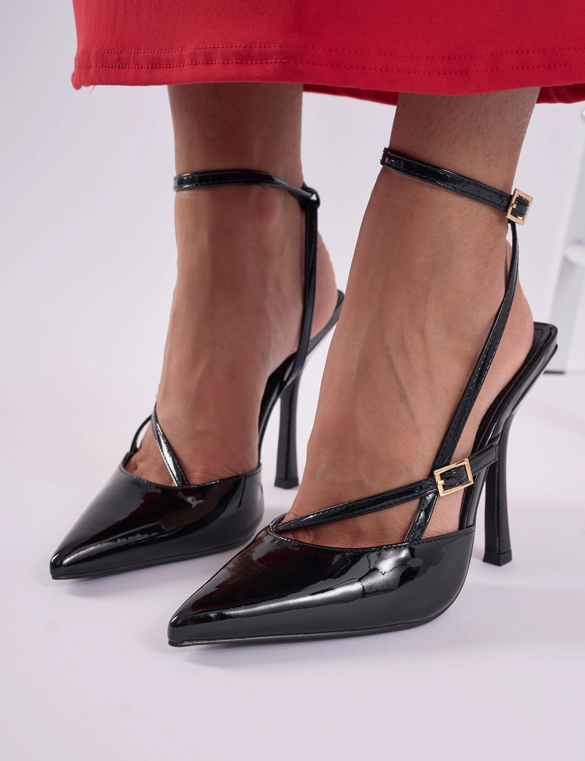 Idol Wide Fit Black Patent Buckle Strappy Detail Stiletto Court High Heels High Heels Stripper