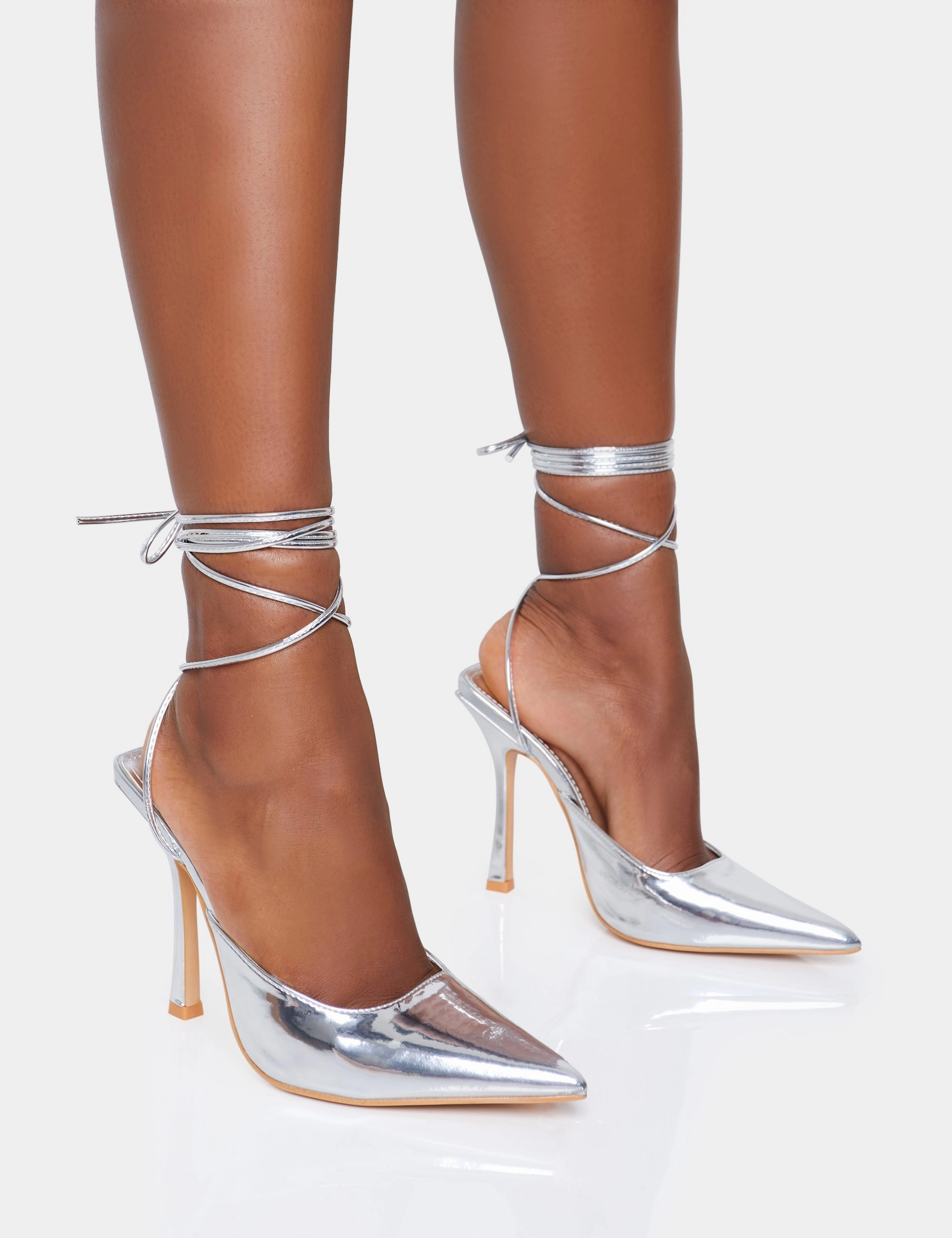 Transparent High Heels Verity Wide Fit Silver Pu Slingback Lace Up Pointed Court Stiletto Heels