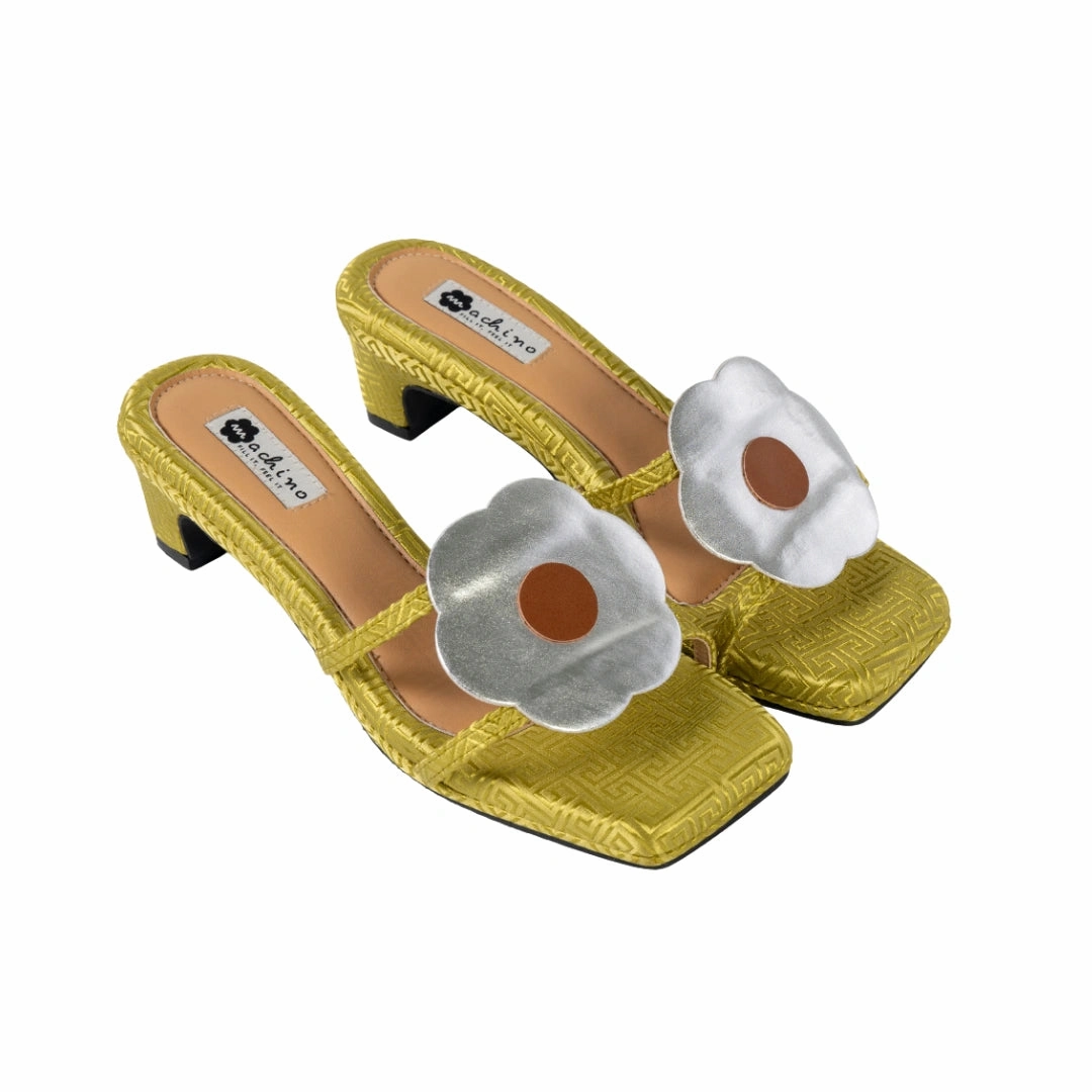 Lady Hana Heels in Green & Silver Cheongsam Metallic High Heel Sandals