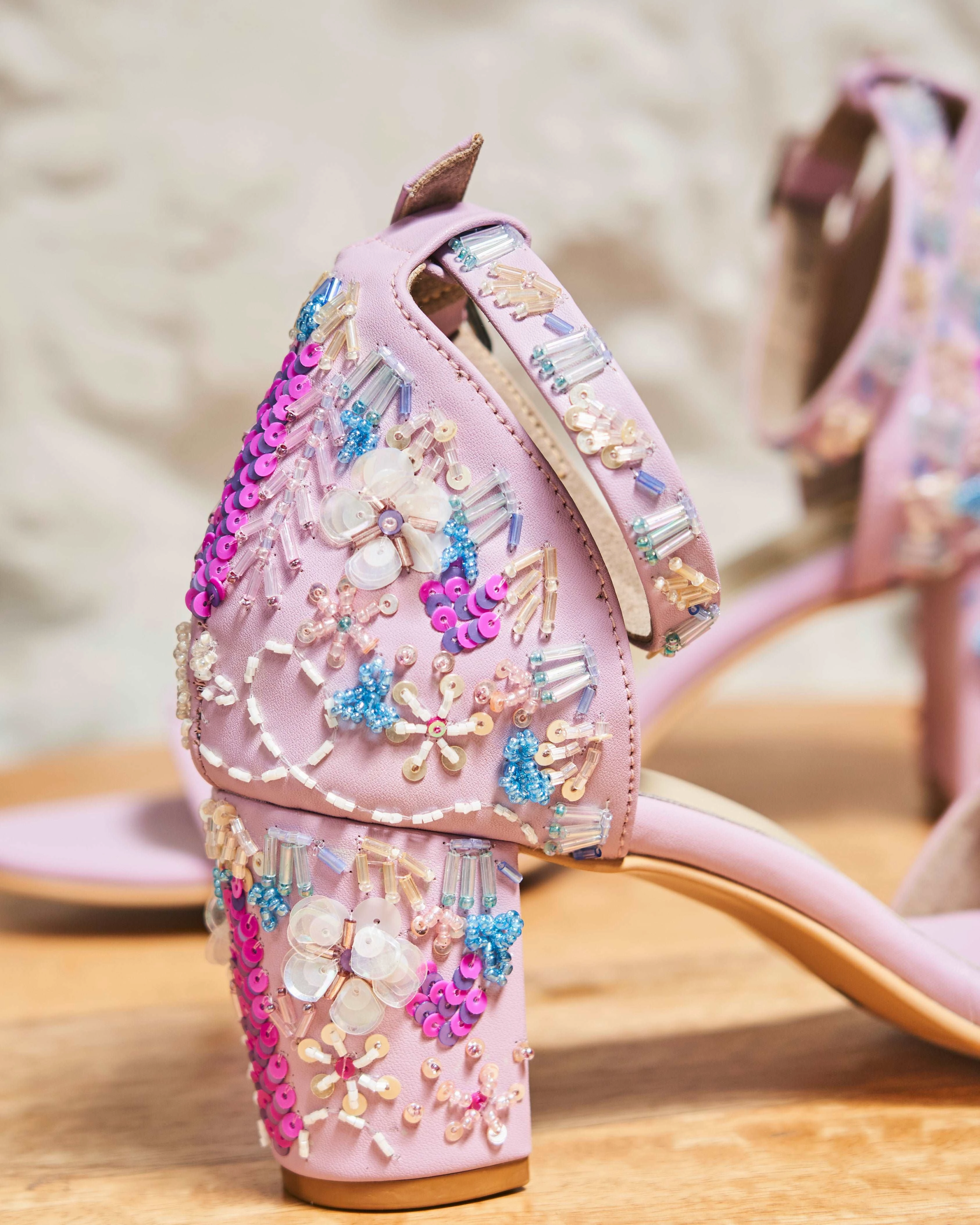 Gold High Heeled Sandals Lavender embroidered Block heels I Tiesta Shoes