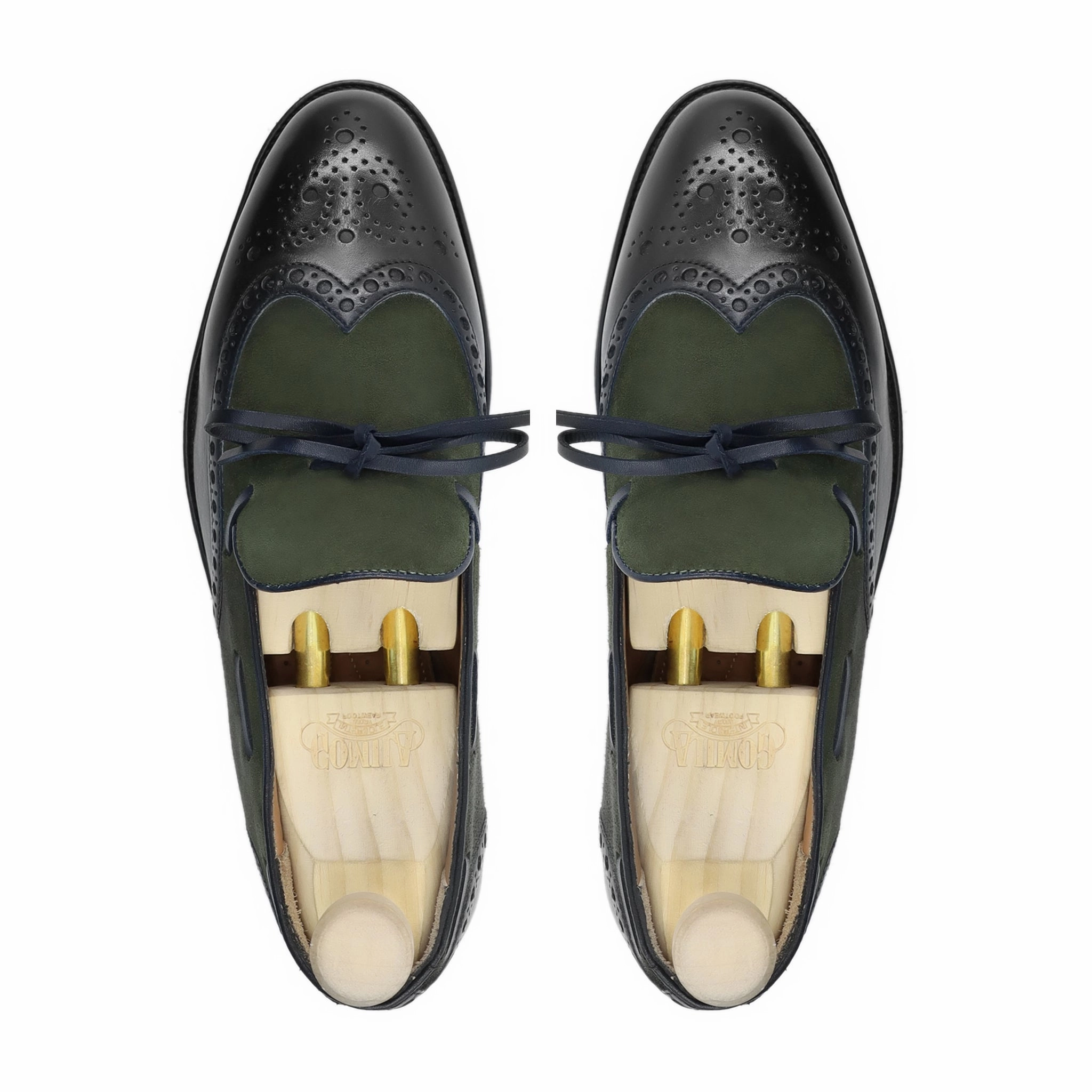 Dress Shoes Loafers Dubnion - Men's Black Calf Leather and Olive Green Kid Suede Loafer