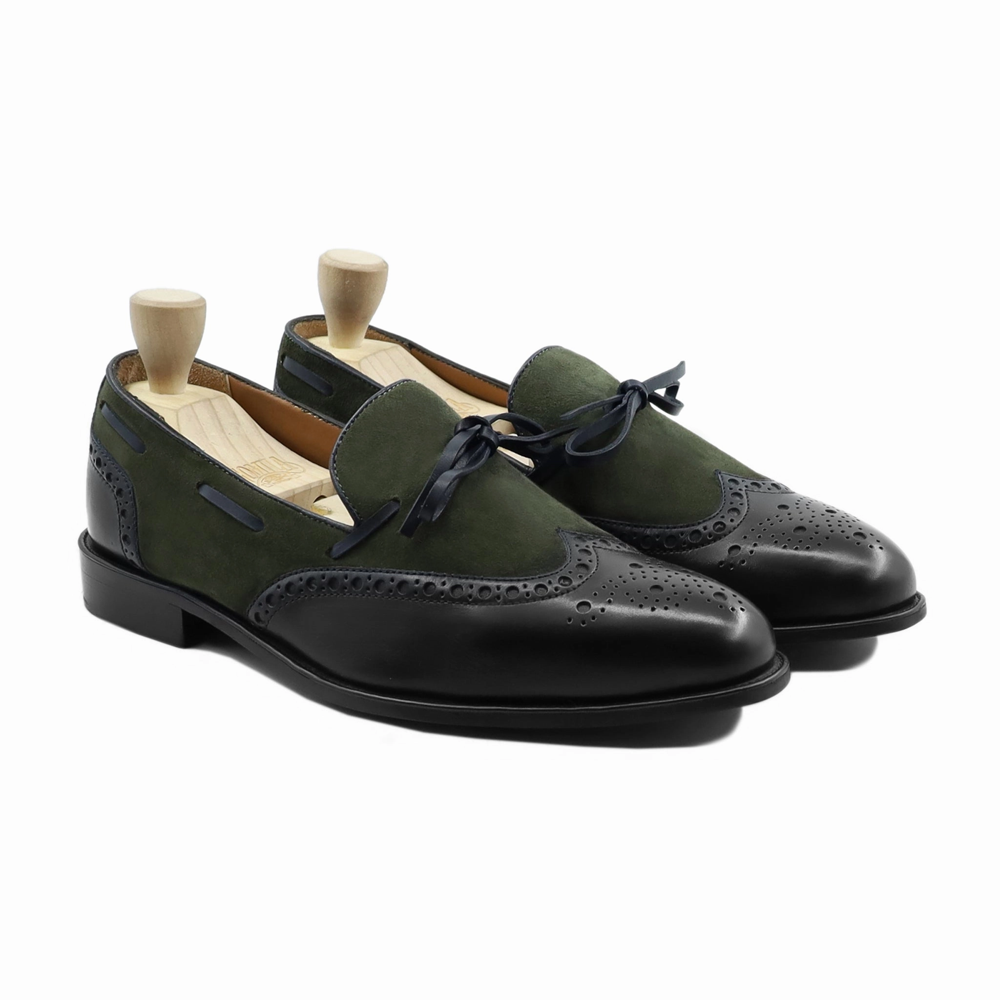 Dubnion - Men's Black Calf Leather and Olive Green Kid Suede Loafer Marc Suede Loafers