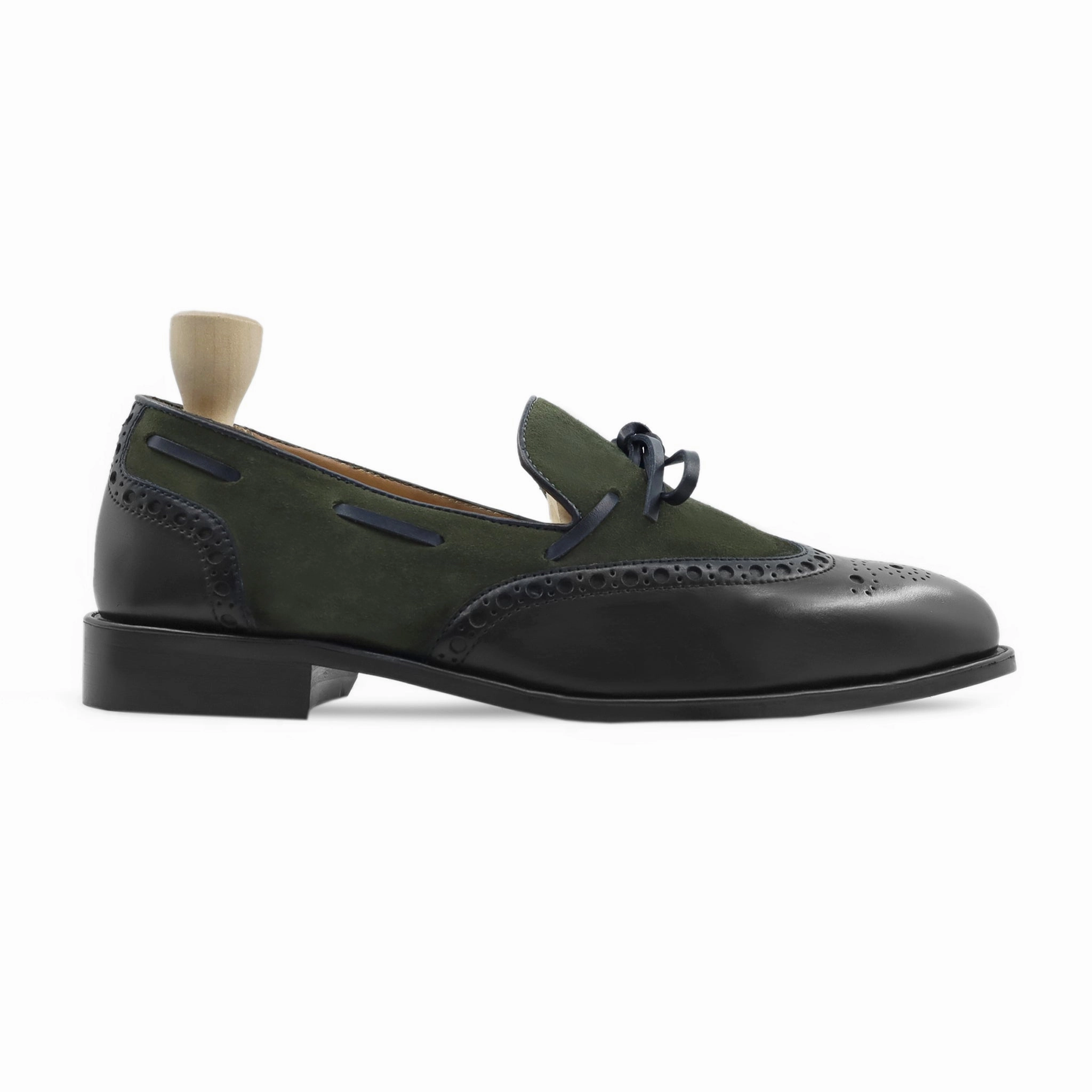 Dubnion - Men's Black Calf Leather and Olive Green Kid Suede Loafer Adrian Tumbled Nubuck Leather Tassel Loafers