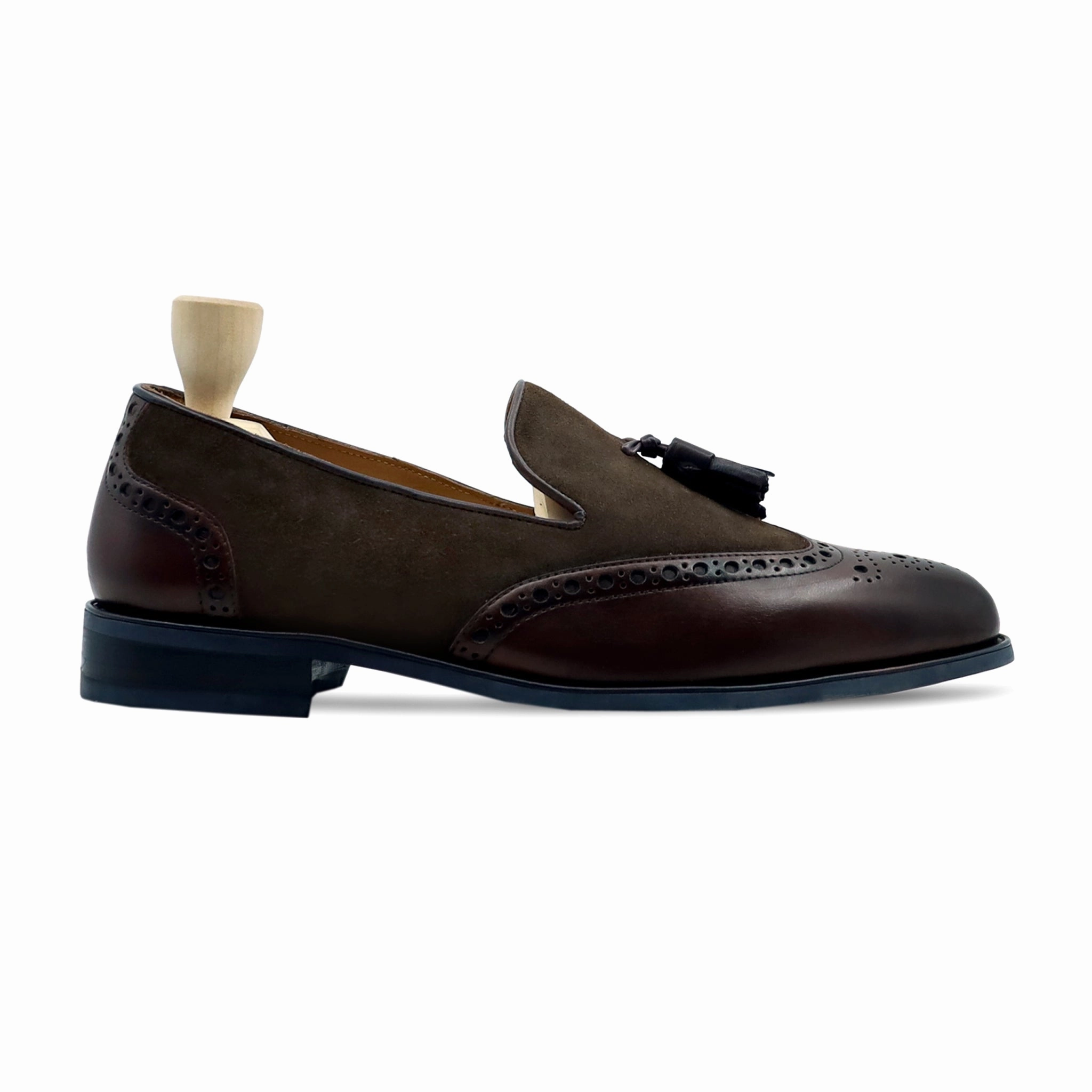 Maren - Men's Brown Calf Leather and Kid Suede Laofer Toe Loafers