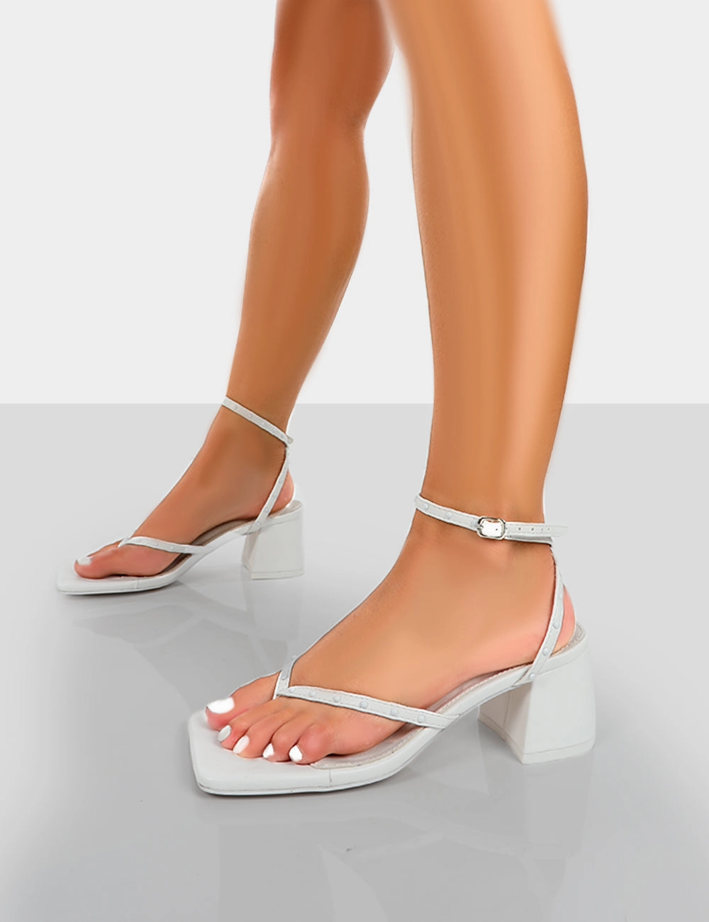 High Heel Pads Zahra White PU Toe Thong Mid Block Heeled Sandals