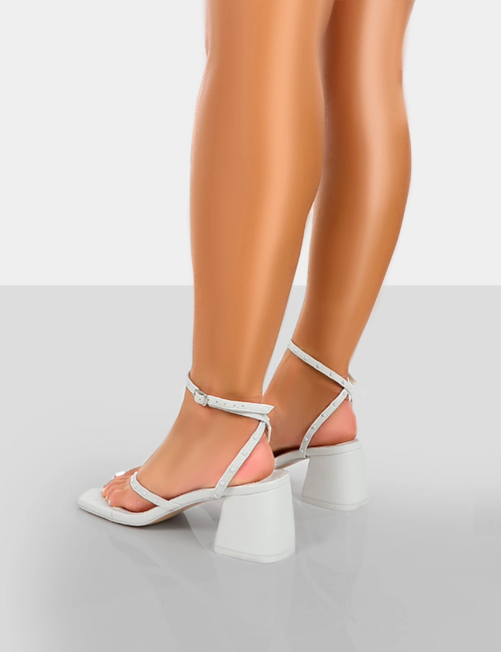 High Knee Heeled Boots Zahra White PU Toe Thong Mid Block Heeled Sandals