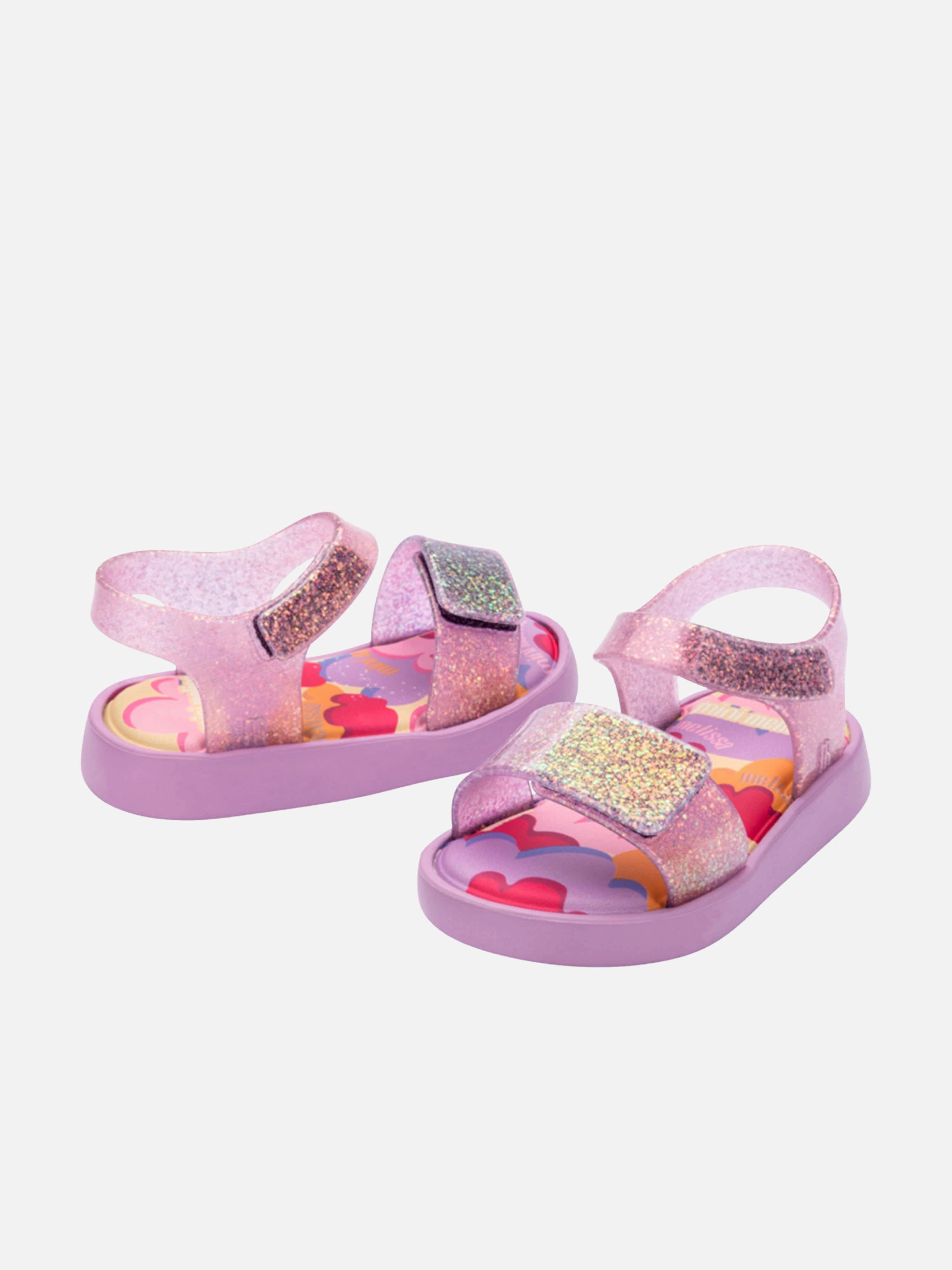 Mini Melissa Girls Jump Print Sandals in Purple Ancient Greek Sandals Eleftheria