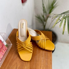 Mustard Yellow Strappy Block Heels  | Tiesta Shoes High Heels Porn Gif