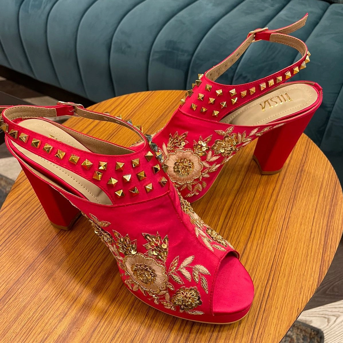 Nigaar Pink Bridal Block Heels with Golden Embroidery for Weddings Ugg High Heels