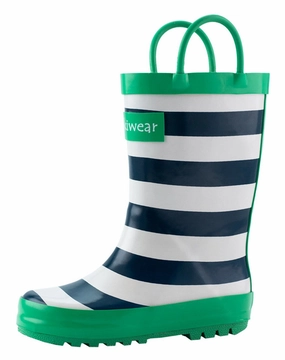 Light Steel Toe Boots OAKI Blue, Green & White Stripes Loop Handle Rubber Rain Boots